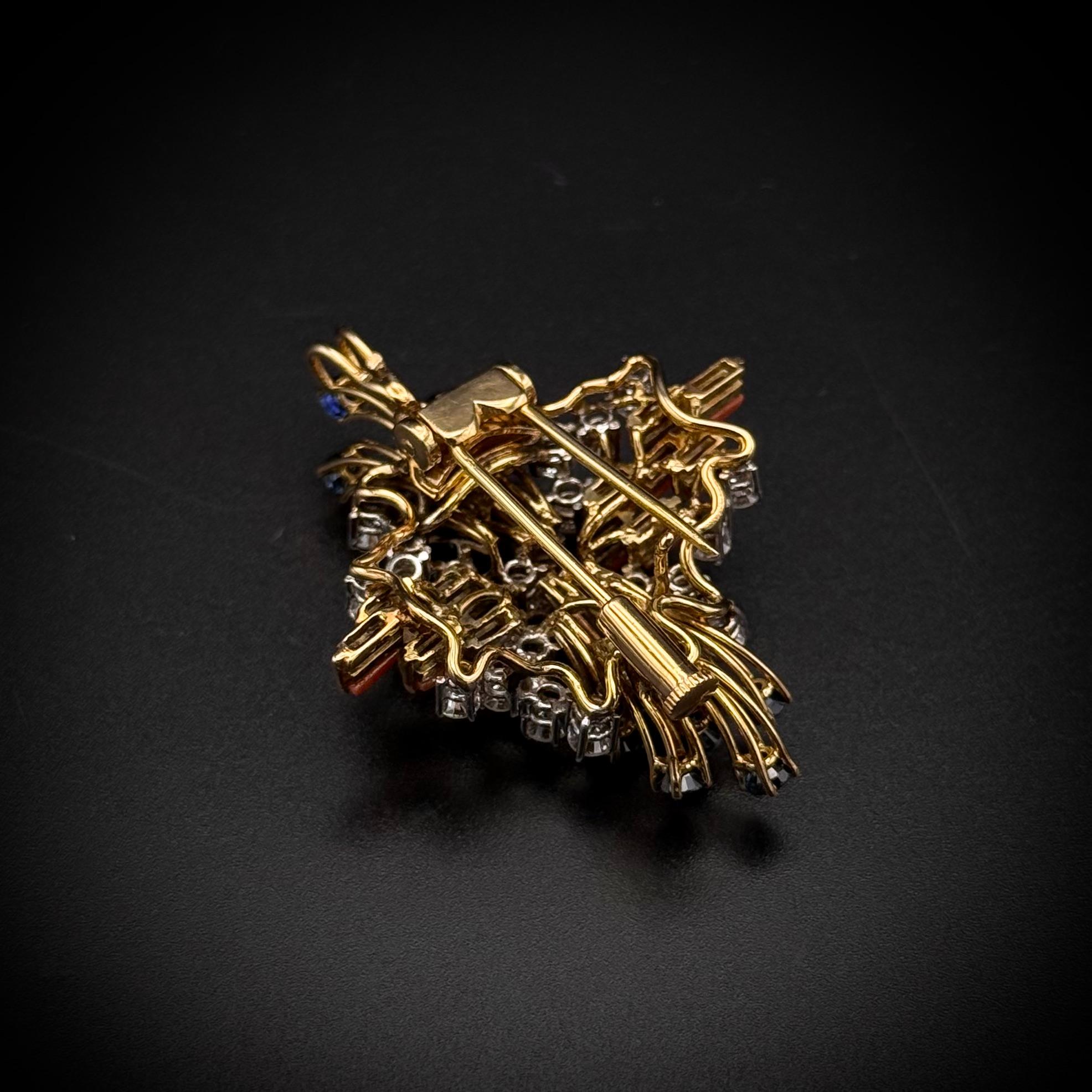 Mid-Century Precious Coral Sapphire Diamond Pendant/Brooch 18K Yellow Gold 1960s For Sale 12
