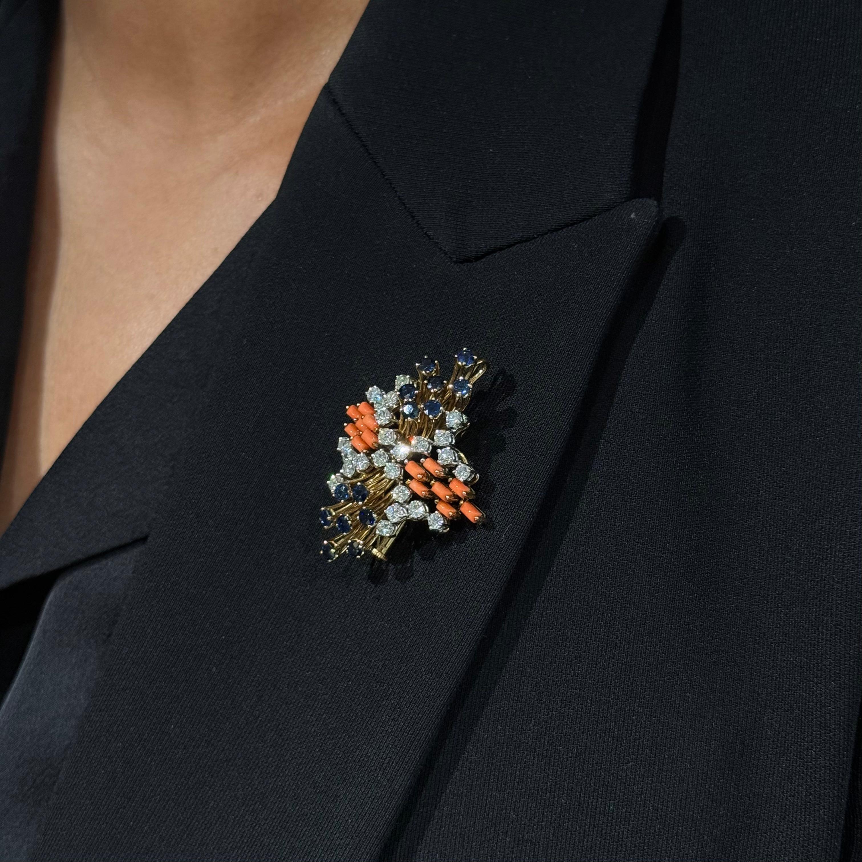 Modern Mid-Century Precious Coral Sapphire Diamond Pendant/Brooch 18K Yellow Gold 1960s For Sale