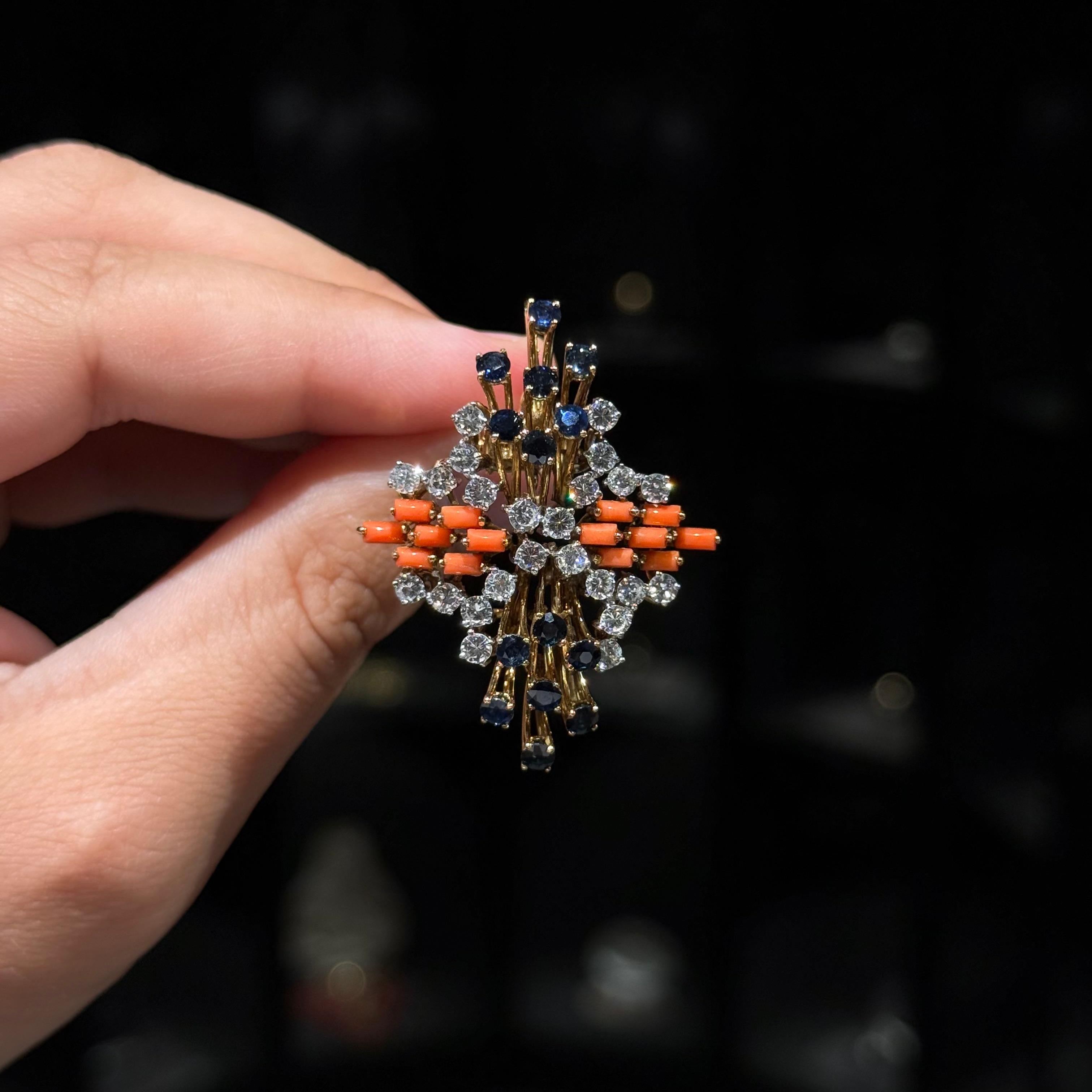 Women's or Men's Mid-Century Precious Coral Sapphire Diamond Pendant/Brooch 18K Yellow Gold 1960s For Sale