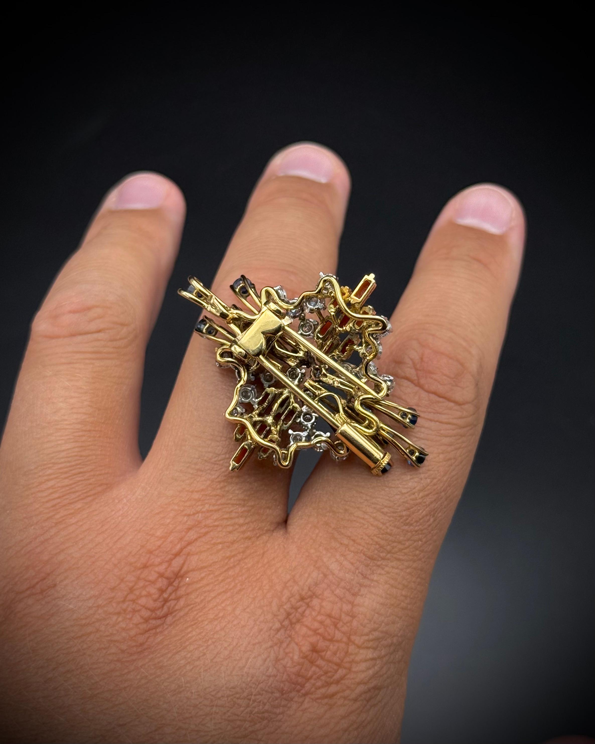 Mid-Century Precious Coral Sapphire Diamond Pendant/Brooch 18K Yellow Gold 1960s For Sale 3