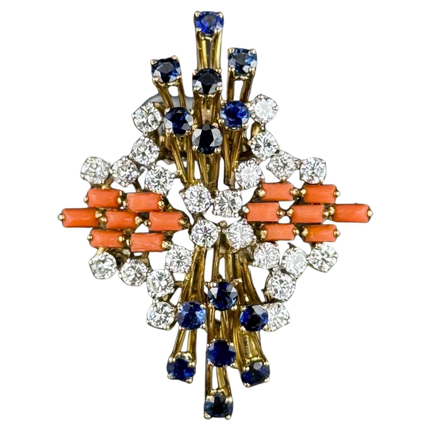 Pendentif/broche du milieu du siècle en or jaune 18 carats en corail précieux, saphir et diamant 1960