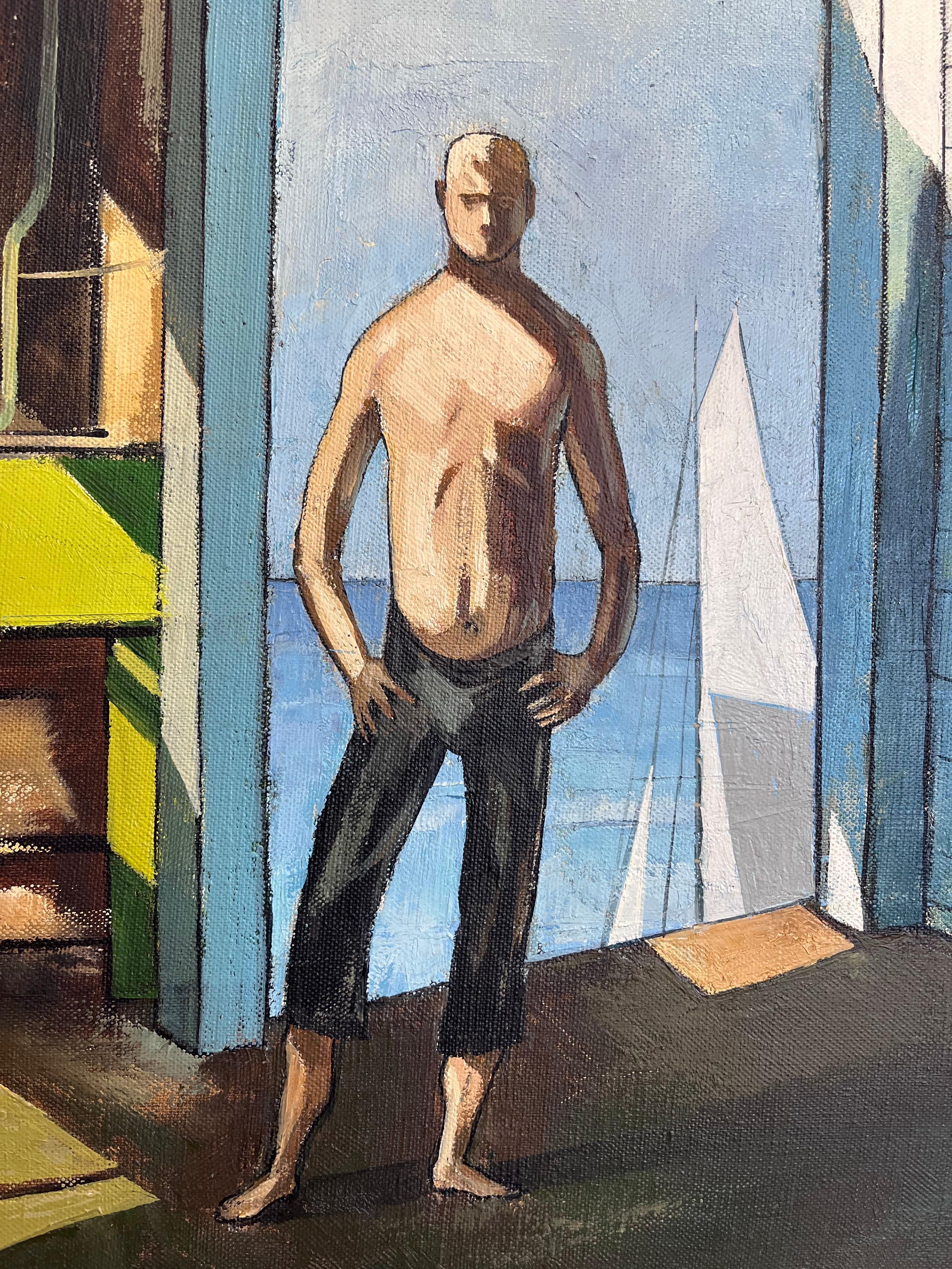 Mid Century Precisionist Style American Painting of a Male Figure in an Interior 4