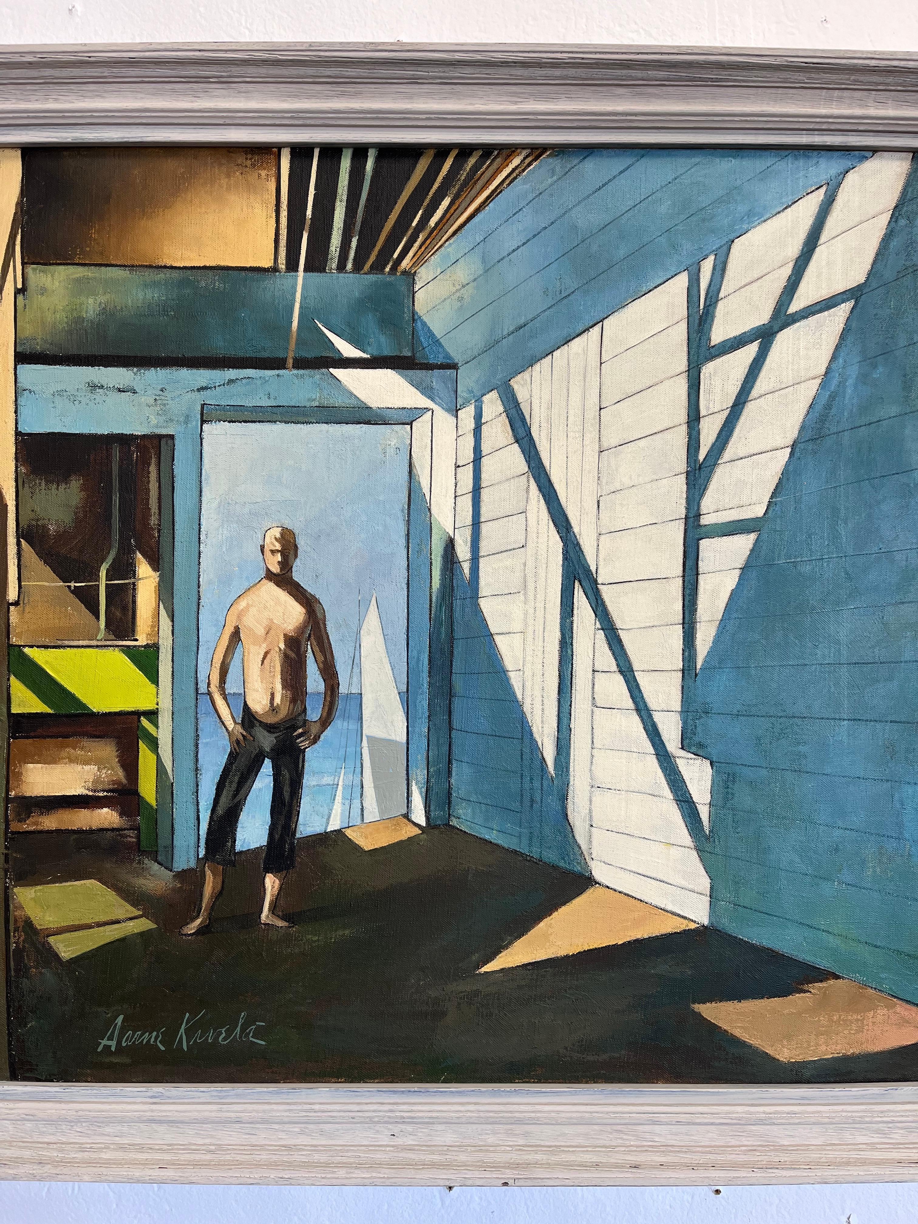An impressive precisionist style abstract painting of a half nude male figure in an interior. Calls to mind the works of Charles Sheeler as well as Charles Demuth. With a clear, bold palette, the artist skillfully invites the viewer into the