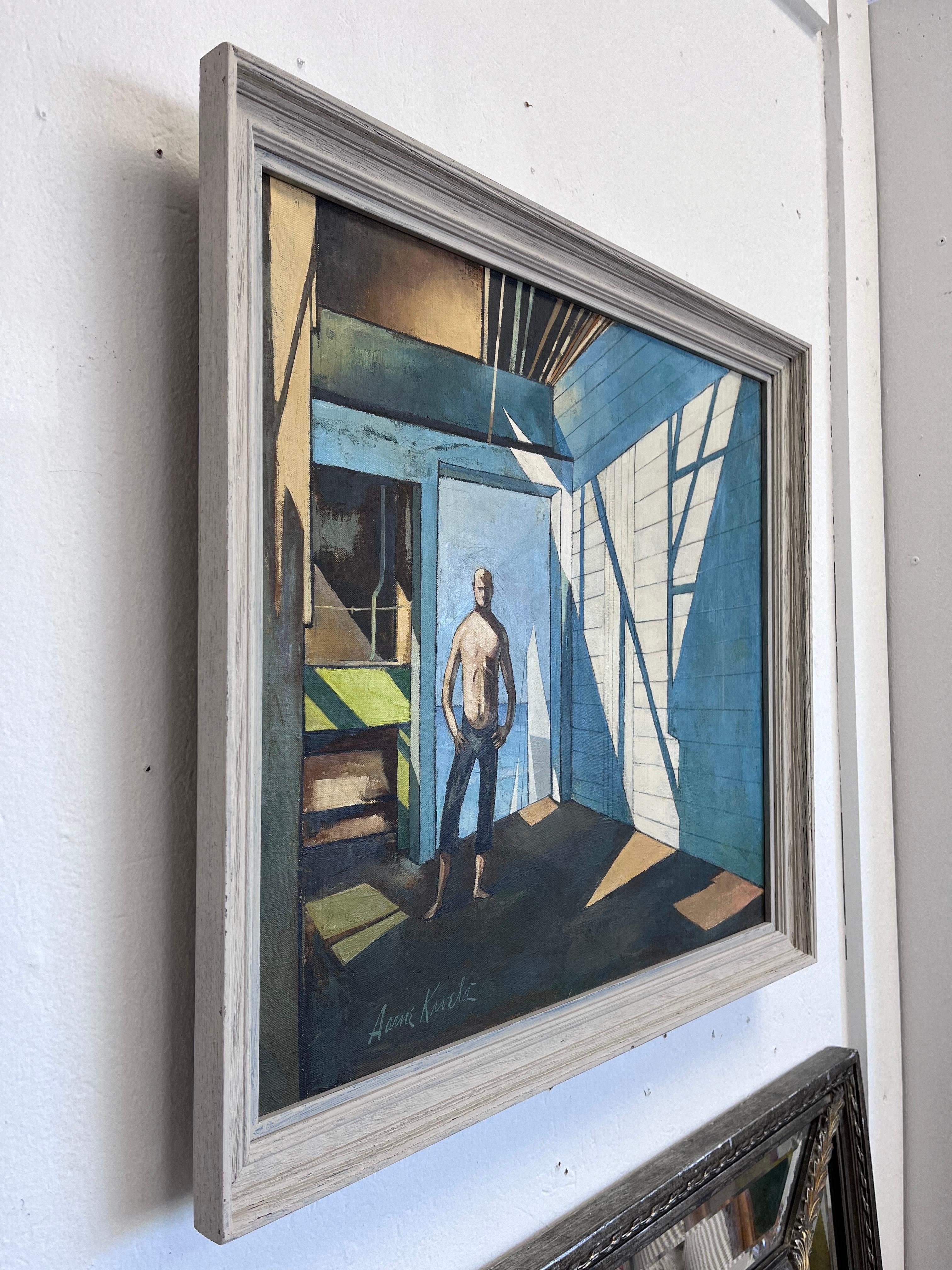 Hand-Painted Mid Century Precisionist Style American Painting of a Male Figure in an Interior