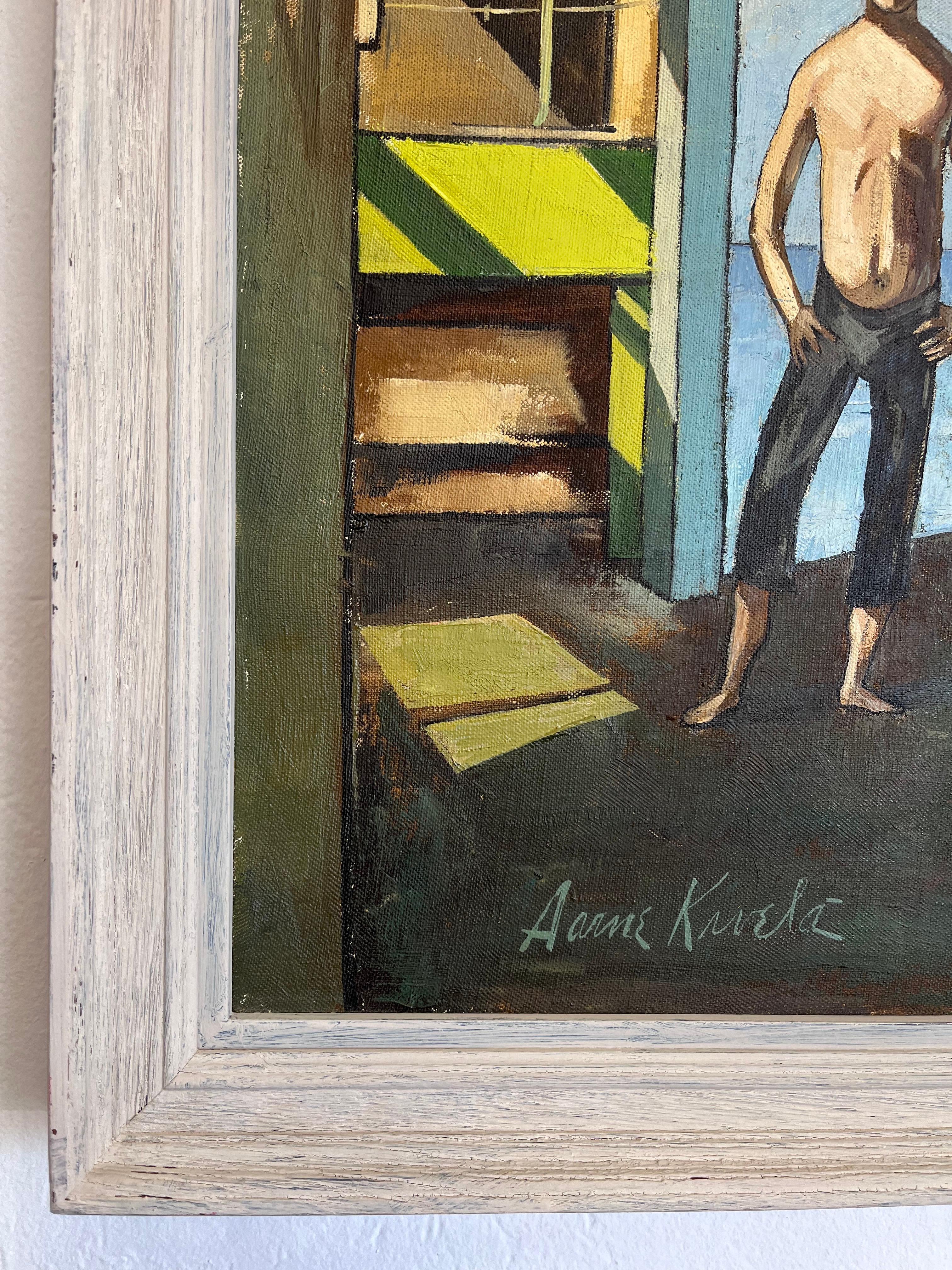 20th Century Mid Century Precisionist Style American Painting of a Male Figure in an Interior