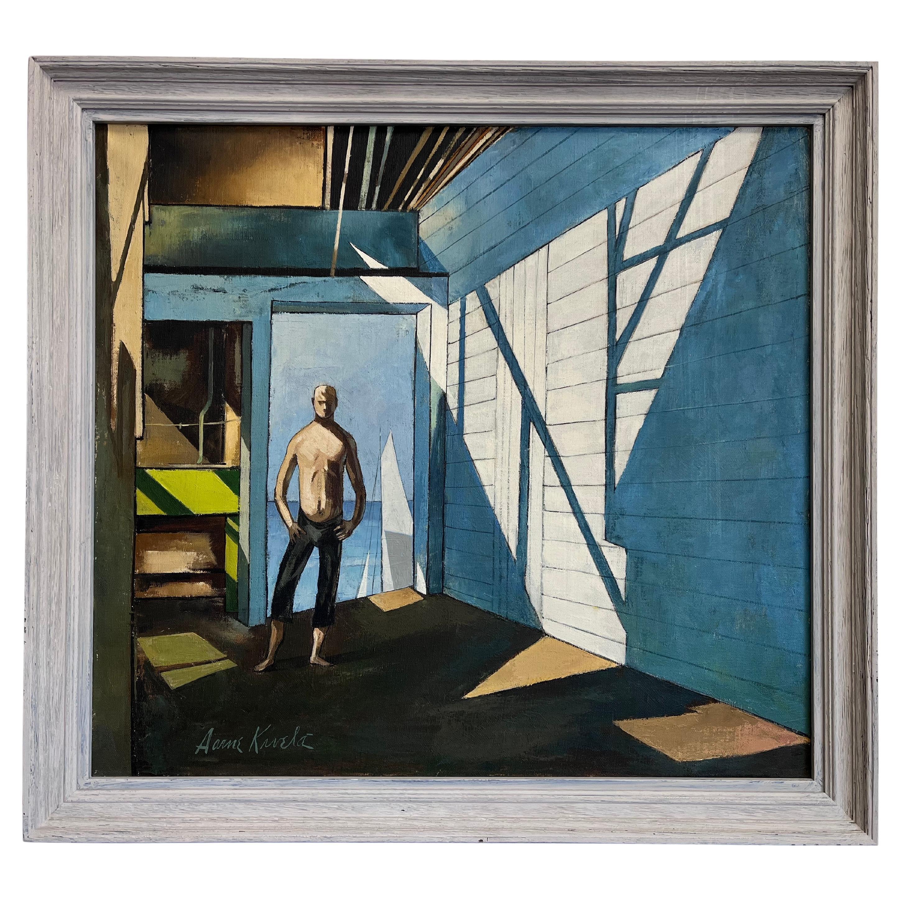 Mid Century Precisionist Style American Painting of a Male Figure in an Interior