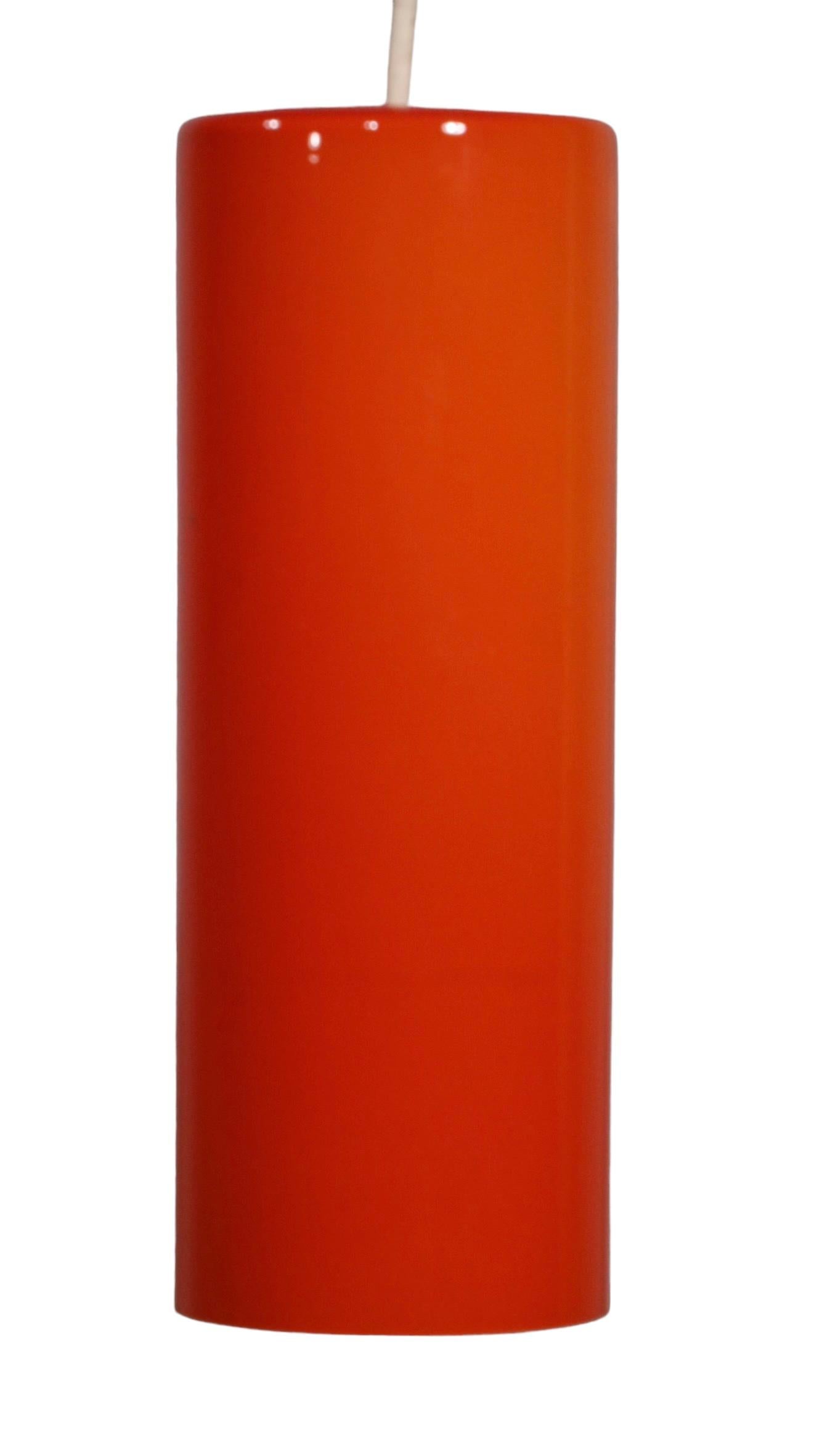 20th Century Mid-Century Prescolite Orange Cylinder Pendant Chandelier Fixture C 1950-1970's For Sale