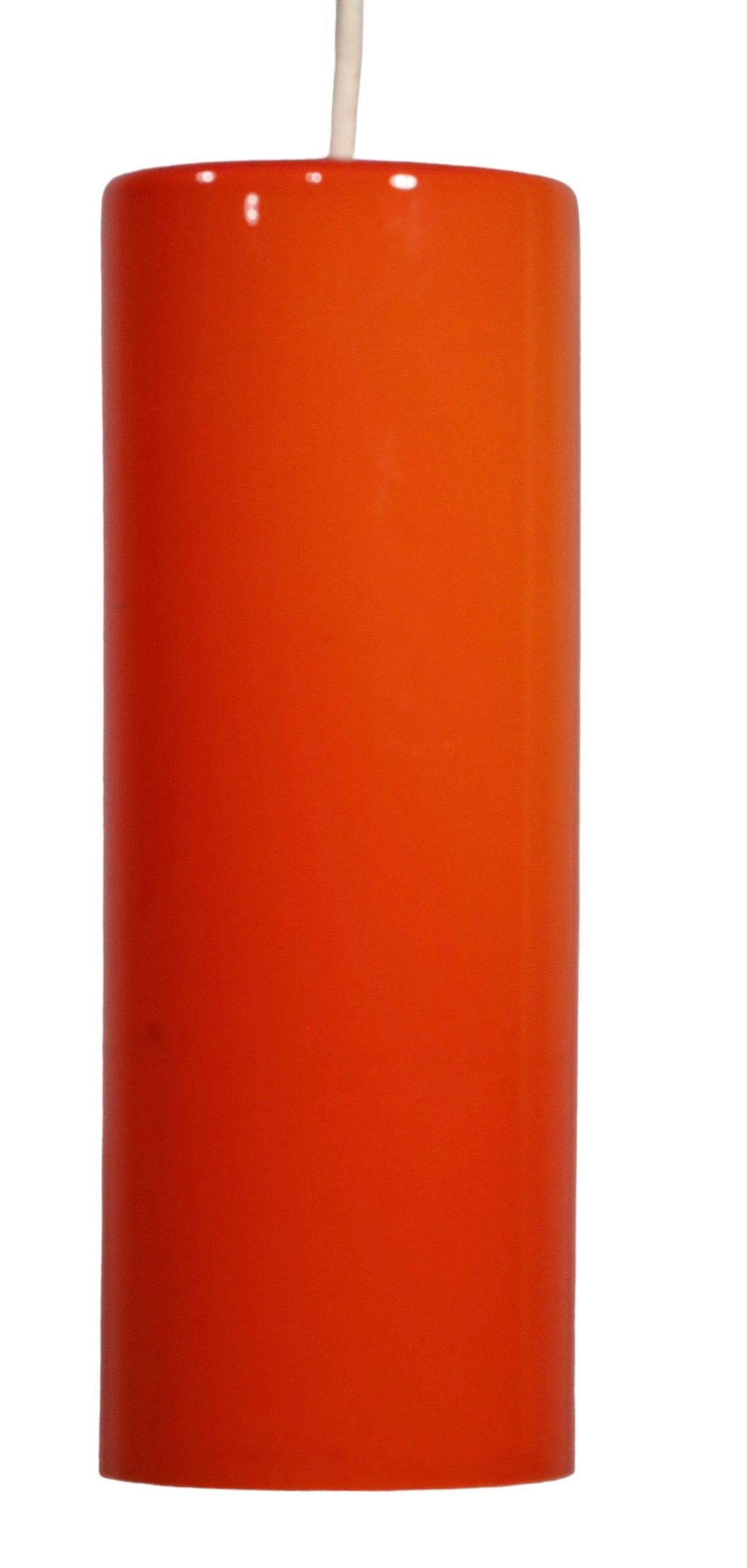 Glass Mid-Century Prescolite Orange Cylinder Pendant Chandelier Fixture C 1950-1970's For Sale