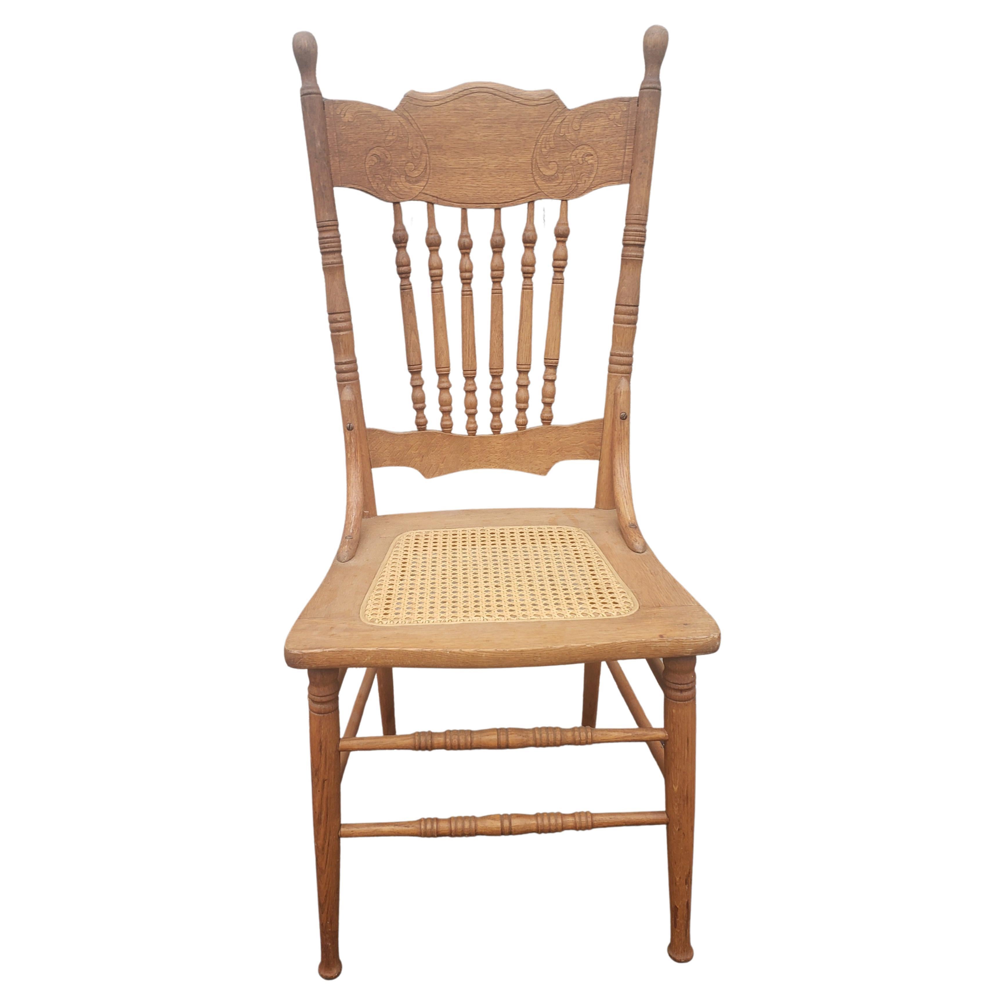 Midcentury Pressback Spindle Oak and Cane Country Dining Chair For Sale