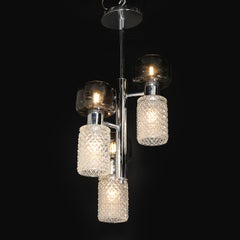 Mid-Century Pressed Crystal & Smoked Murano Glass Staggered 3-Arm Pendant