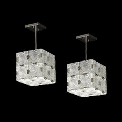 Mid-Century Pressed Glass & Nickel Cube Form Pendant Chandeliers by Kinkedey