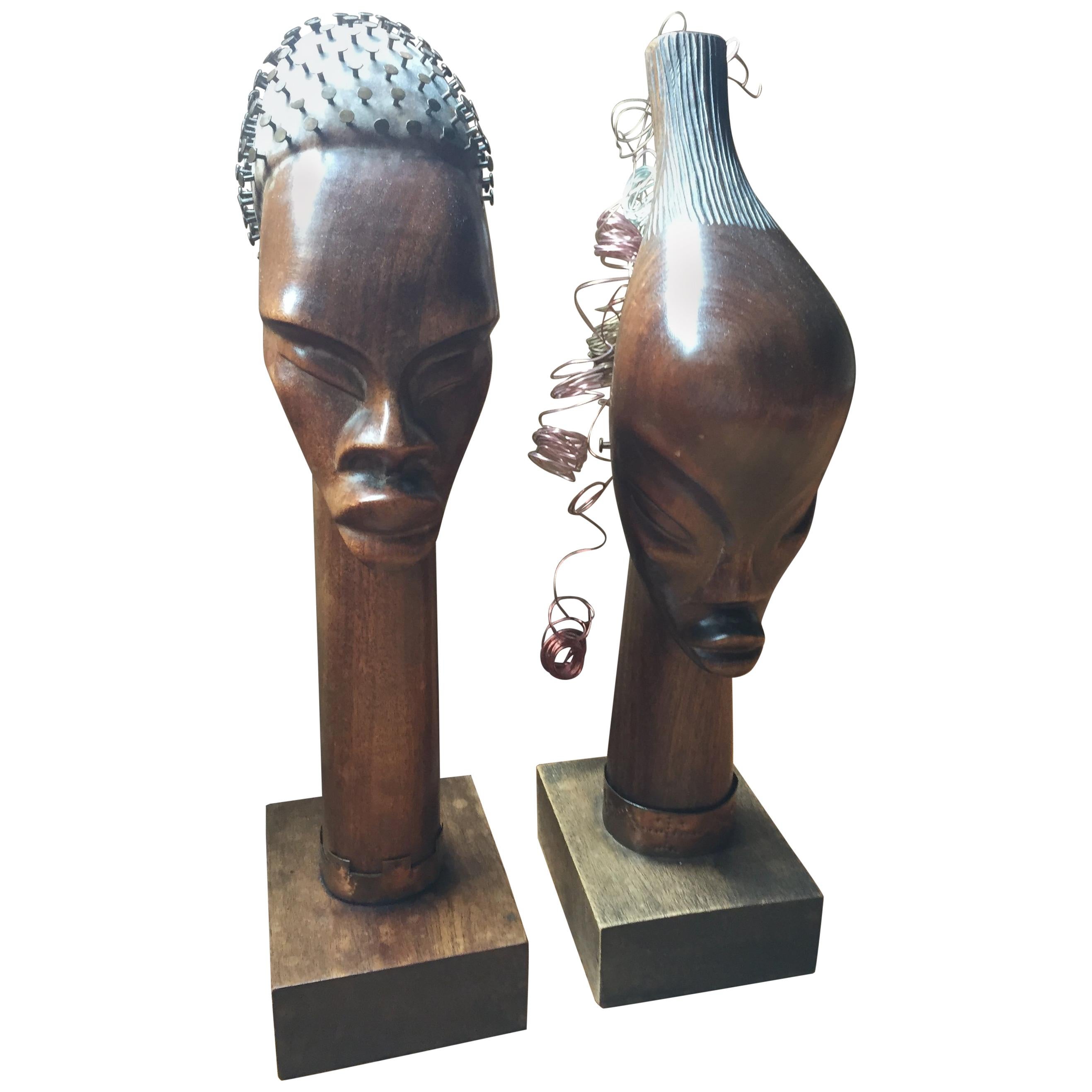Hand Carved Haitian Busts,  Mid-Century Folk Art, A pair  For Sale