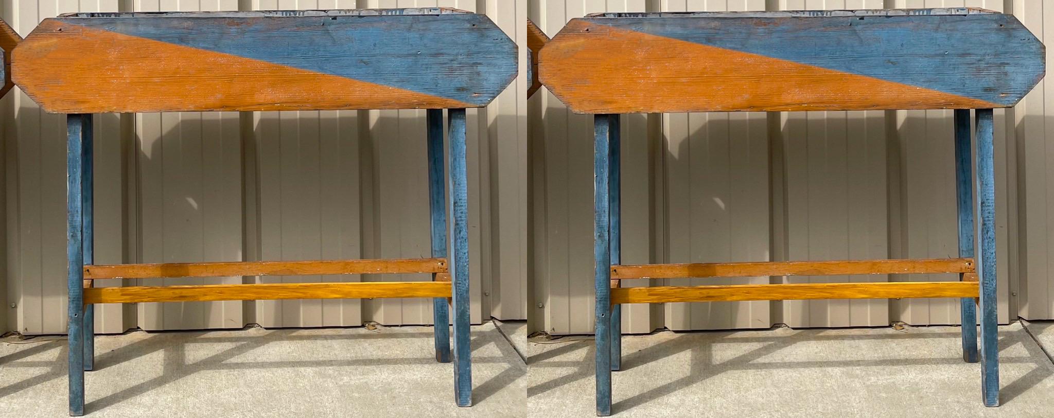 Mid-Century Primitive Organic Folk Art Painted Blue Planters or Window Boxes, 2 In Good Condition For Sale In Kennesaw, GA