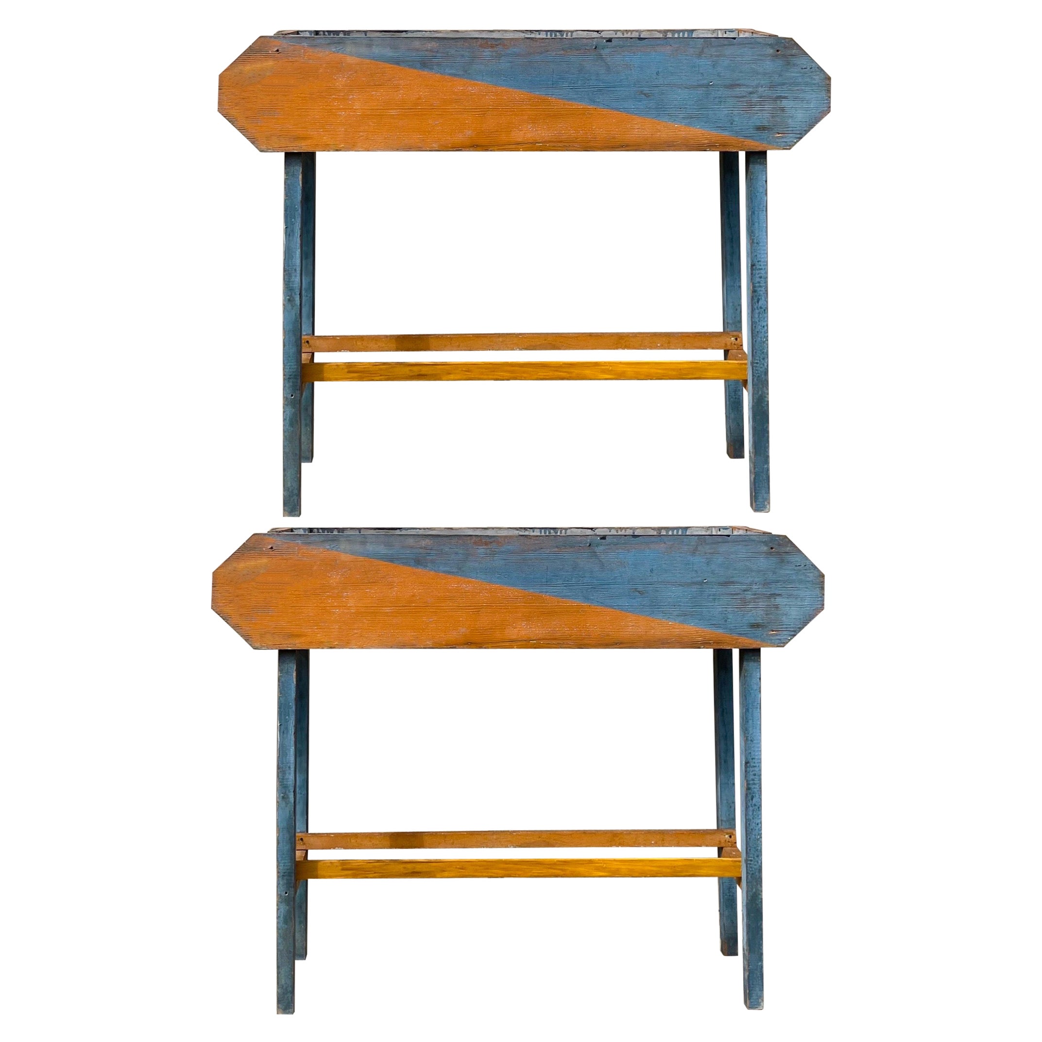Mid-Century Primitive Organic Folk Art Painted Blue Planters or Window Boxes, 2 For Sale