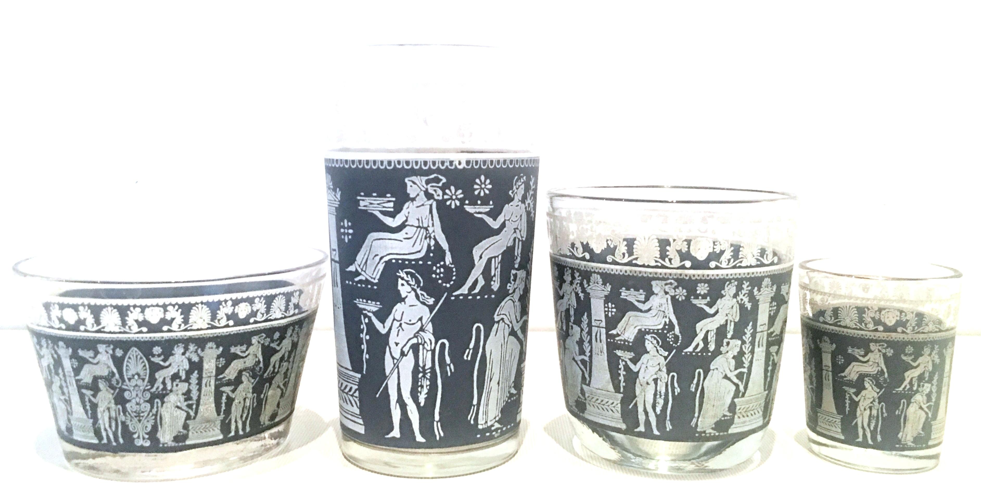 Mid-20th century printed glass Wedgwood blue Hellenic drinks set of 28 pieces. This Hellenic motif in 