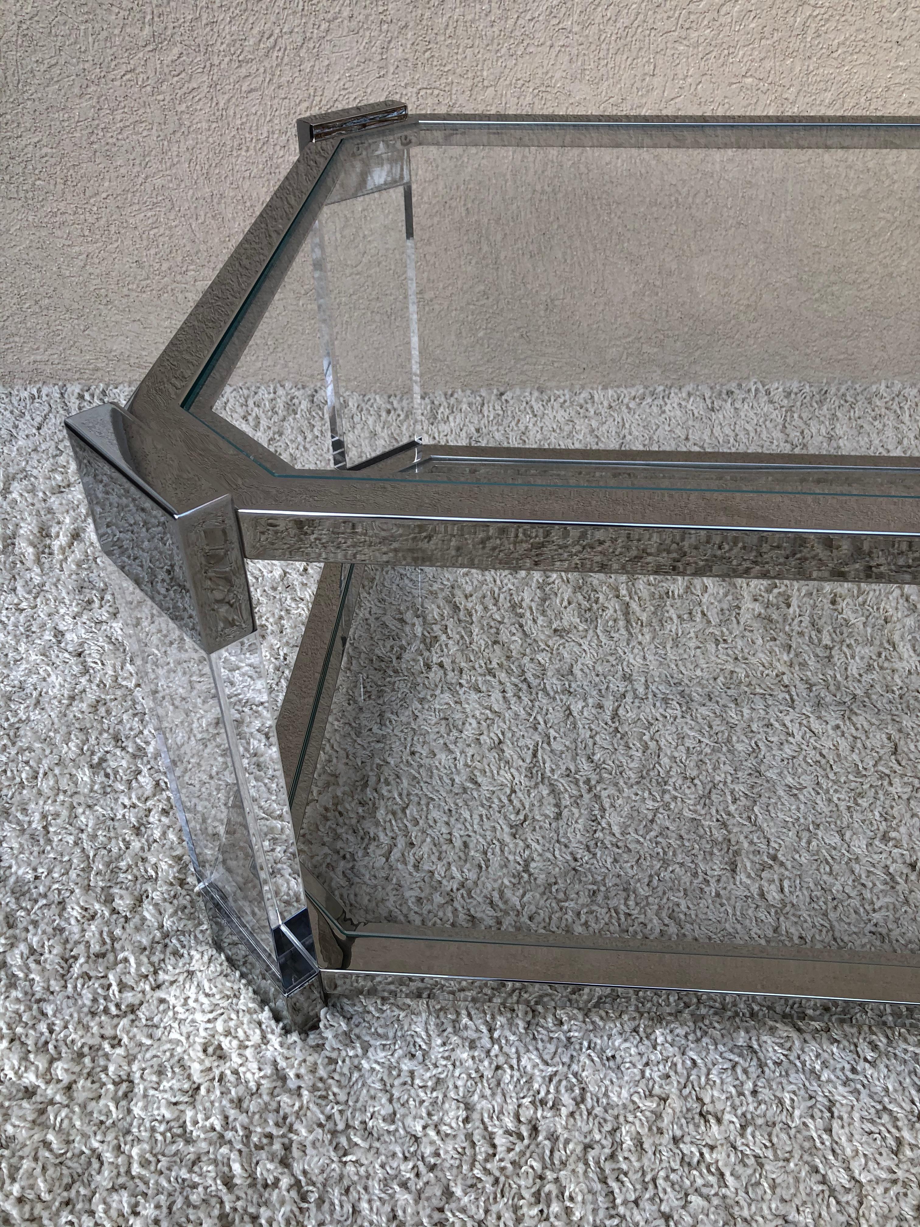 Mid Century Prismatiques Design Chrome Lucite and Glass Cocktail Table Two Tier For Sale 6