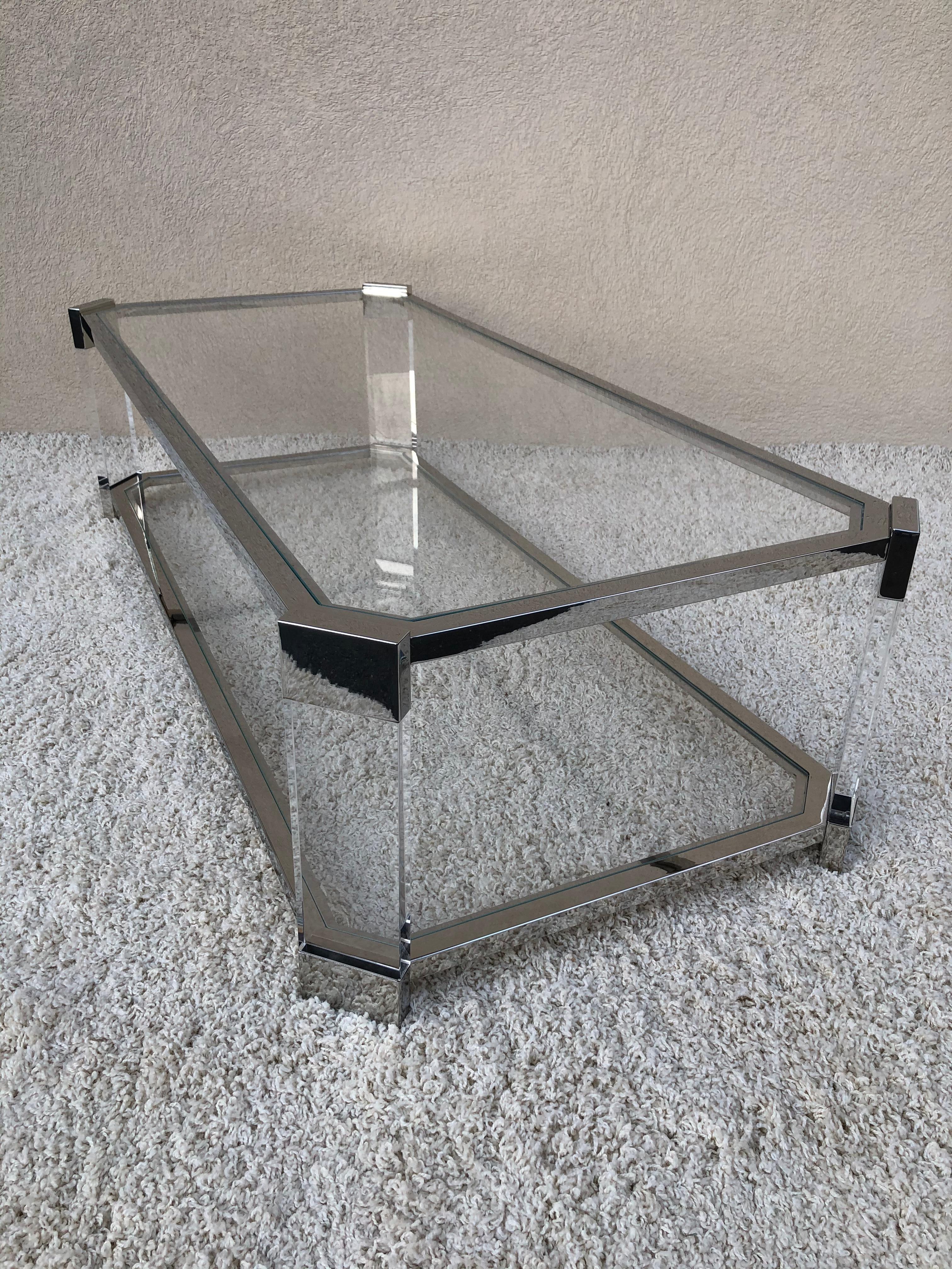 Mid-Century Modern Mid Century Prismatiques Design Chrome Lucite and Glass Cocktail Table Two Tier For Sale