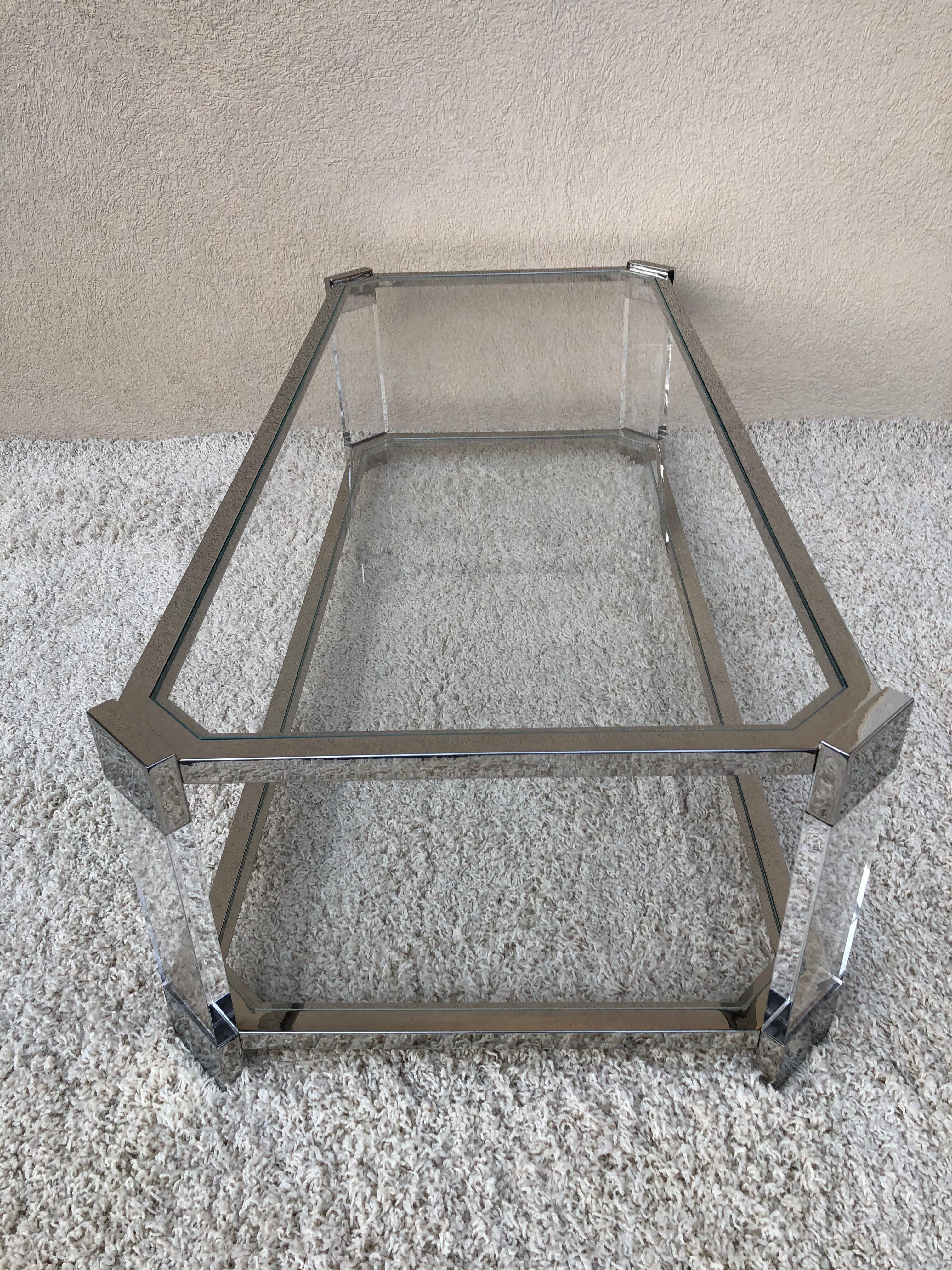 American Mid Century Prismatiques Design Chrome Lucite and Glass Cocktail Table Two Tier For Sale