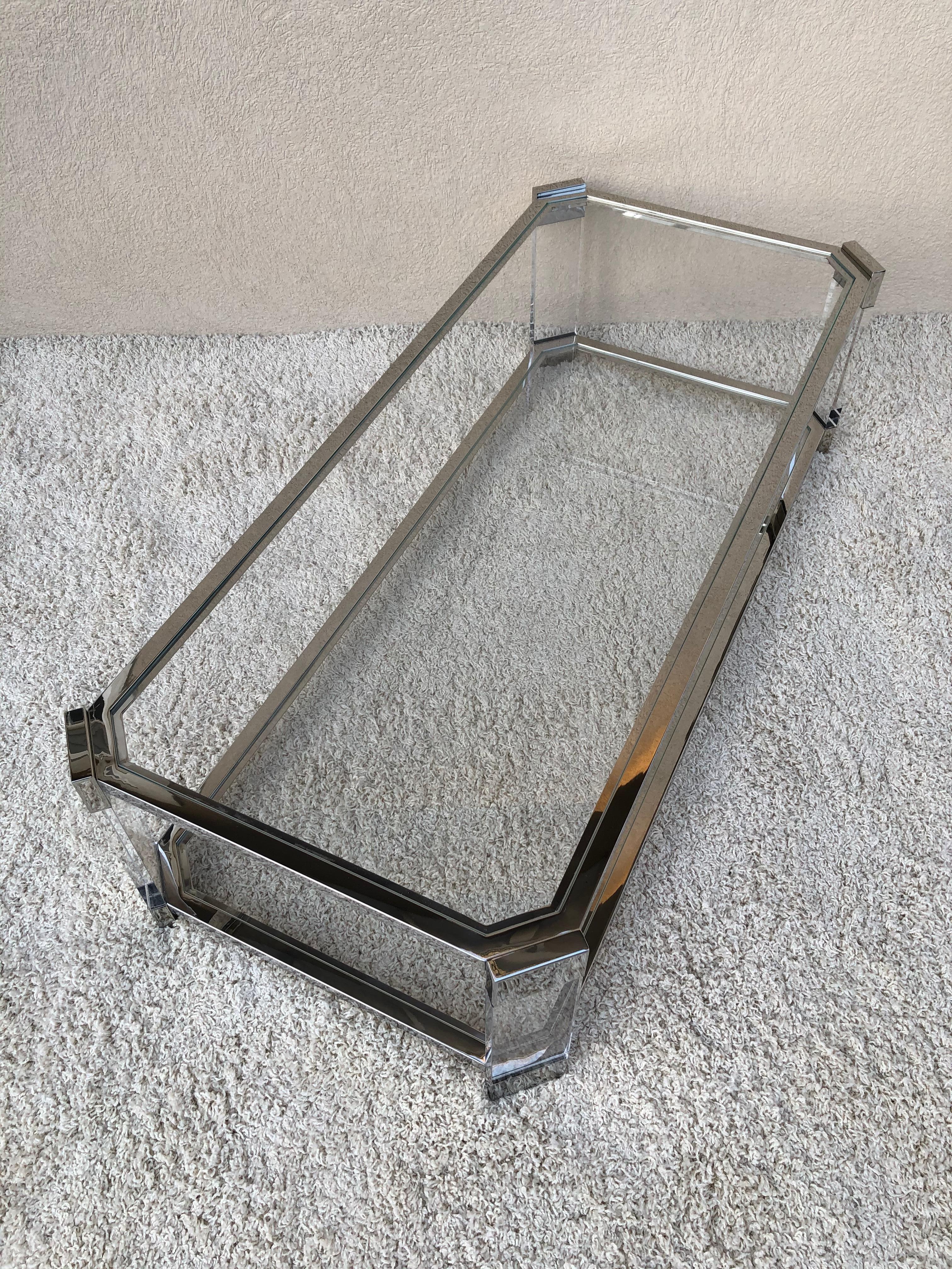Molded Mid Century Prismatiques Design Chrome Lucite and Glass Cocktail Table Two Tier