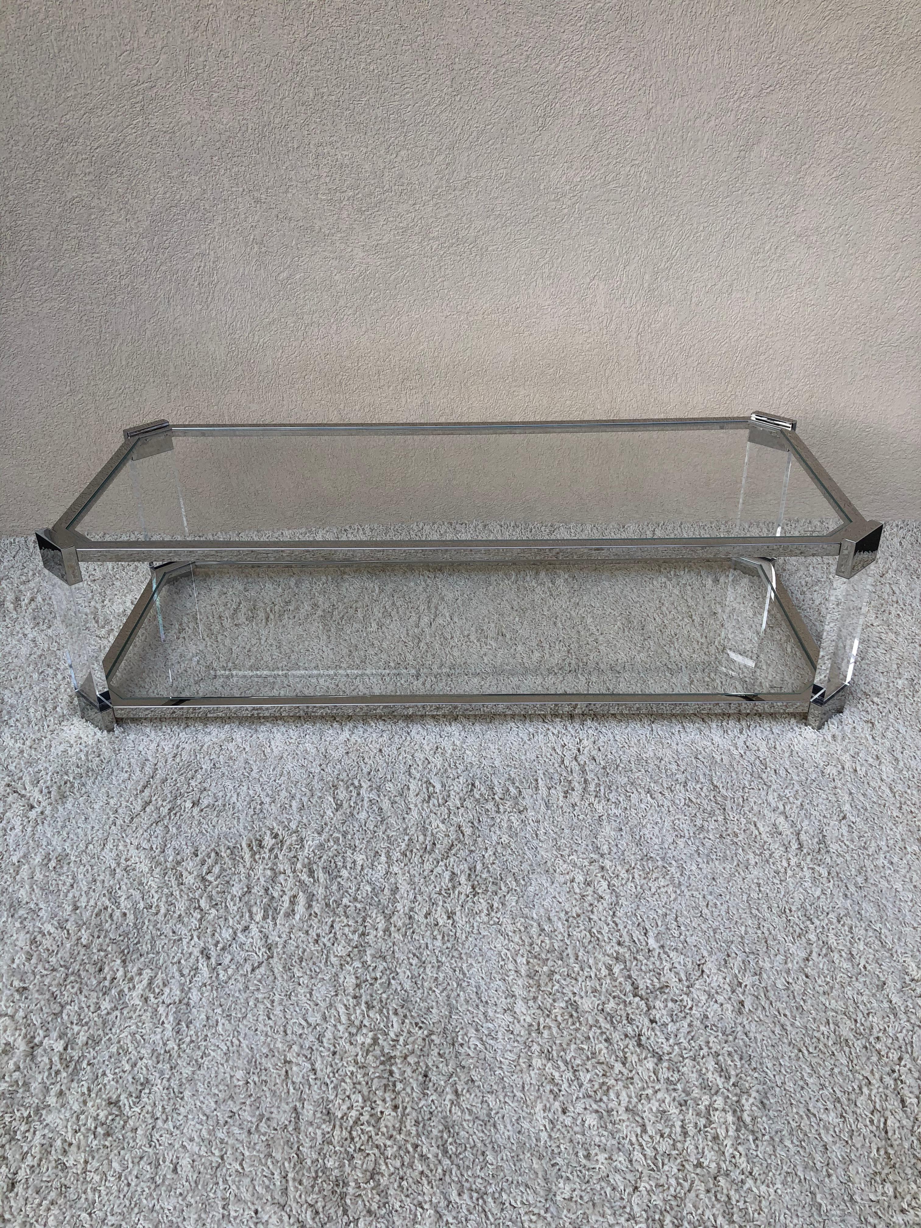 20th Century Mid Century Prismatiques Design Chrome Lucite and Glass Cocktail Table Two Tier For Sale