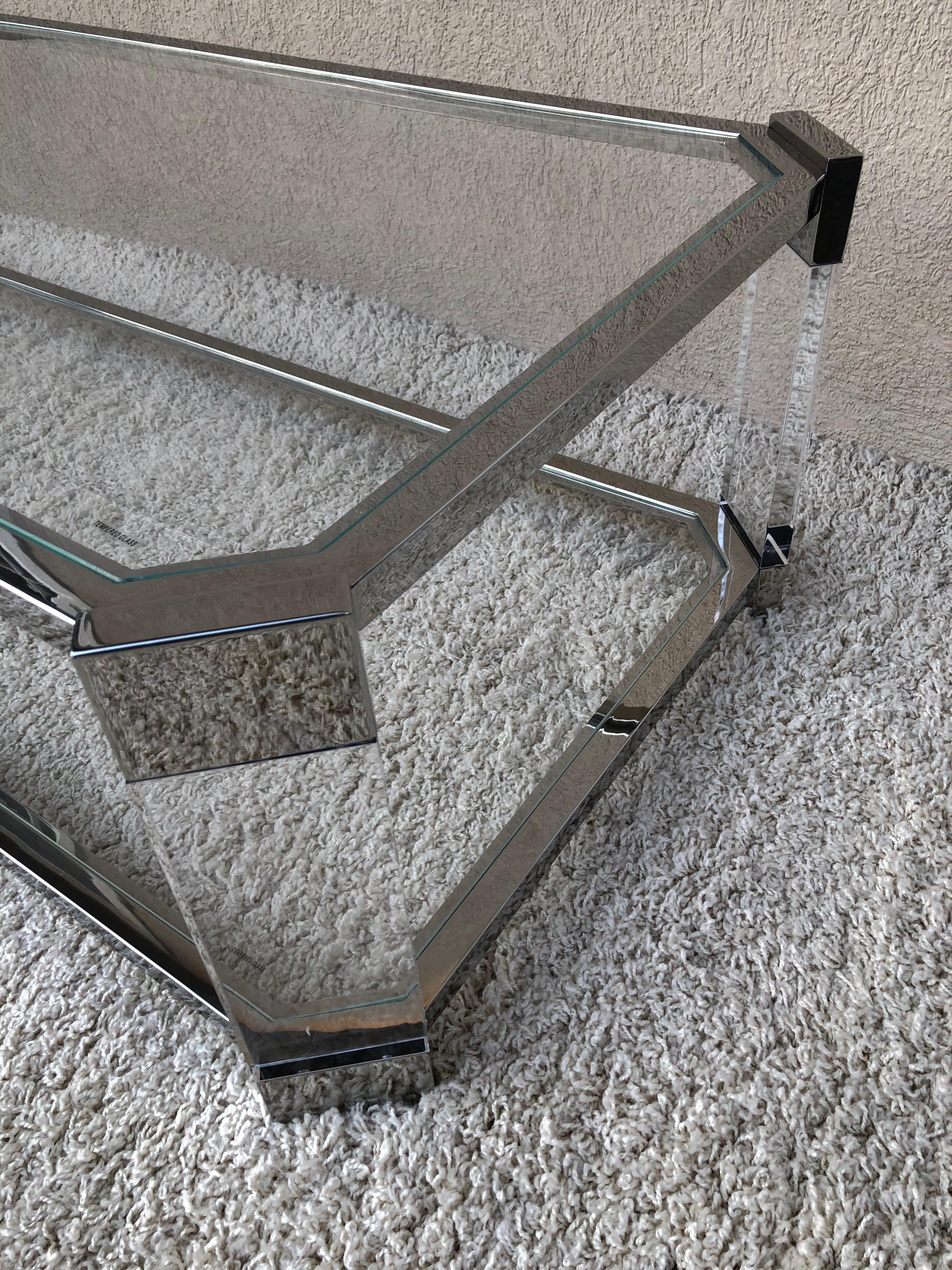 Mid Century Prismatiques Design Chrome Lucite and Glass Cocktail Table Two Tier For Sale 2