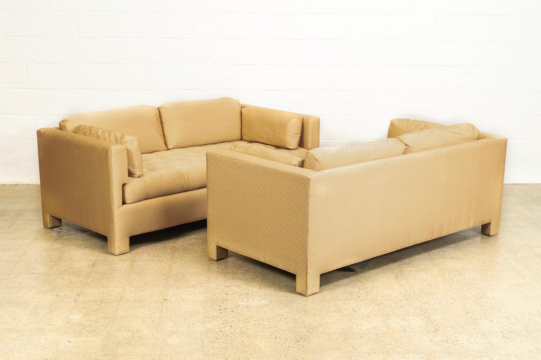 American Midcentury Probber or Wormley Style Tan Upholstered Sofa Couches, a Pair