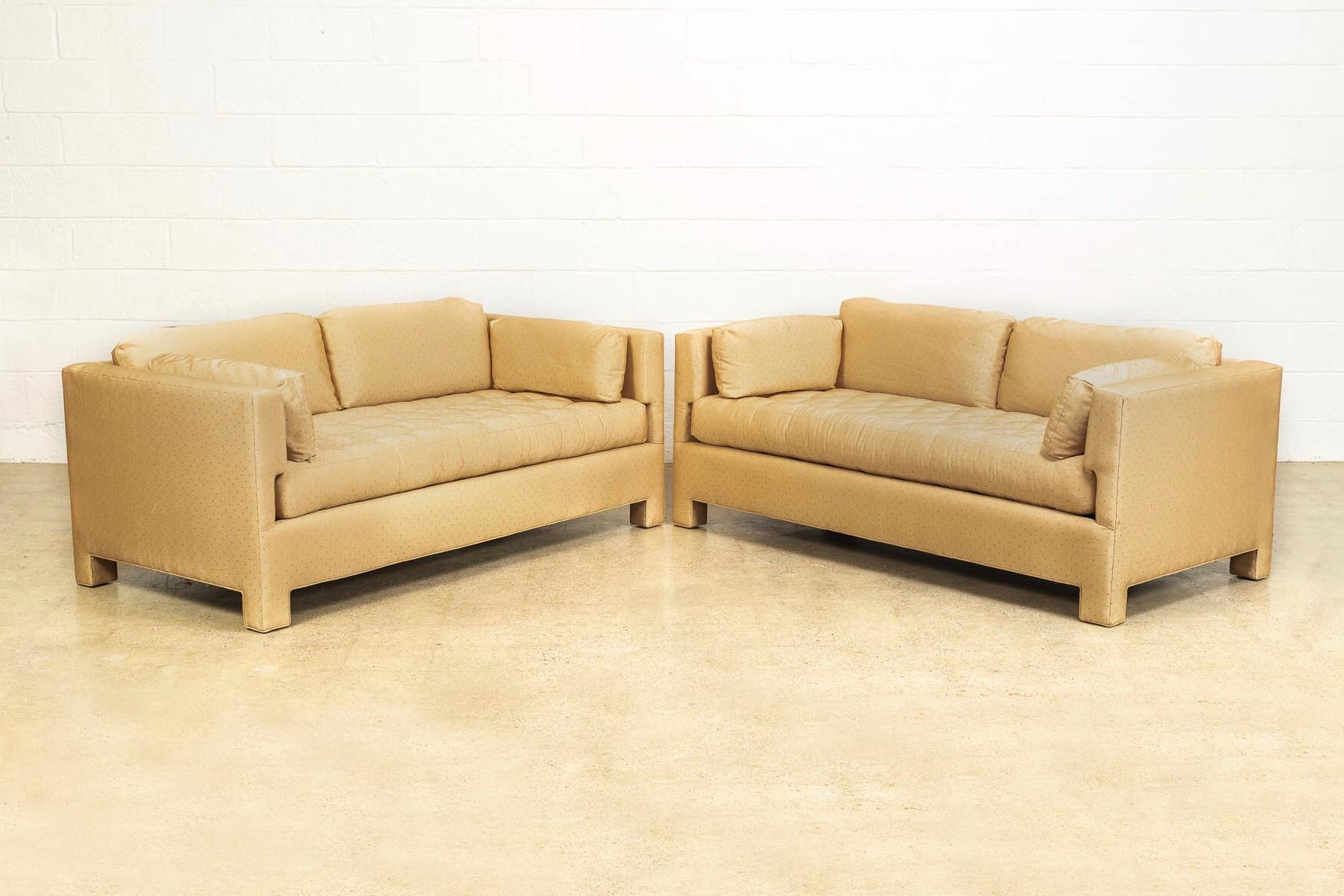 Midcentury Probber or Wormley Style Tan Upholstered Sofa Couches, a Pair In Good Condition In Detroit, MI