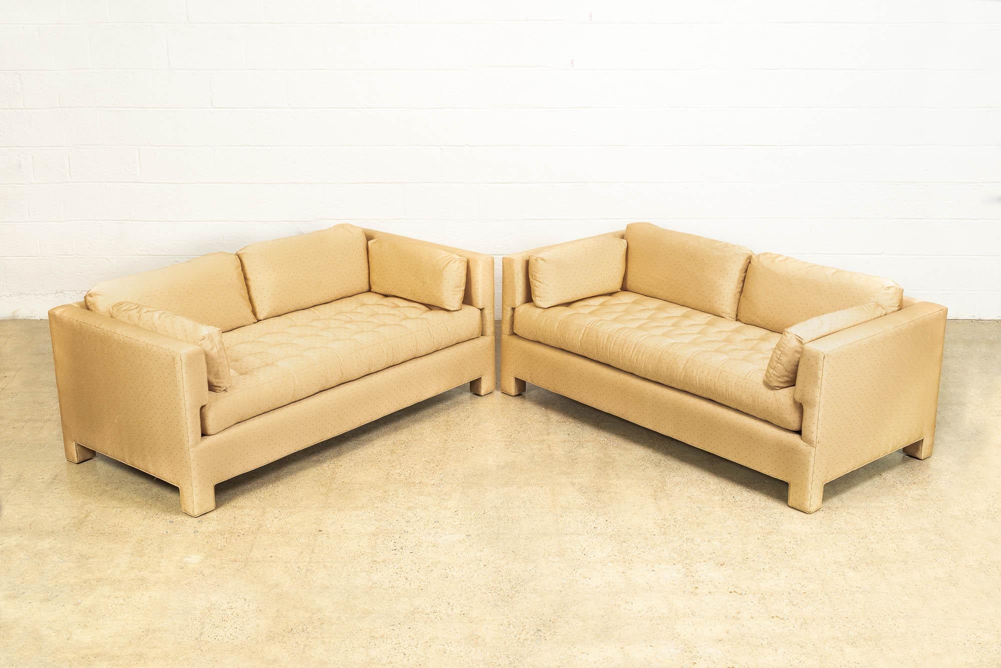 Mid-20th Century Midcentury Probber or Wormley Style Tan Upholstered Sofa Couches, a Pair