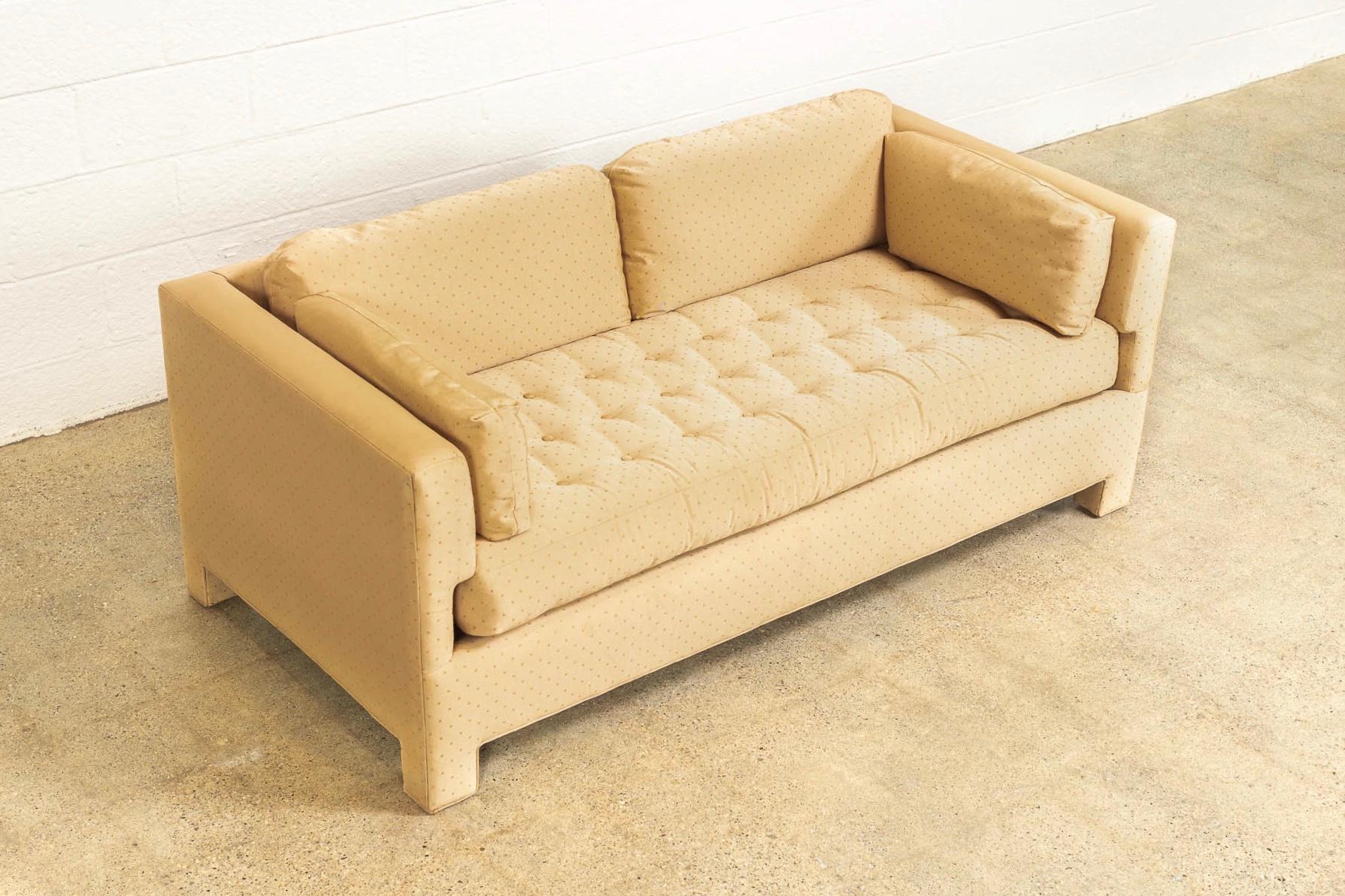 Cotton Midcentury Probber or Wormley Style Tan Upholstered Sofa Couches, a Pair