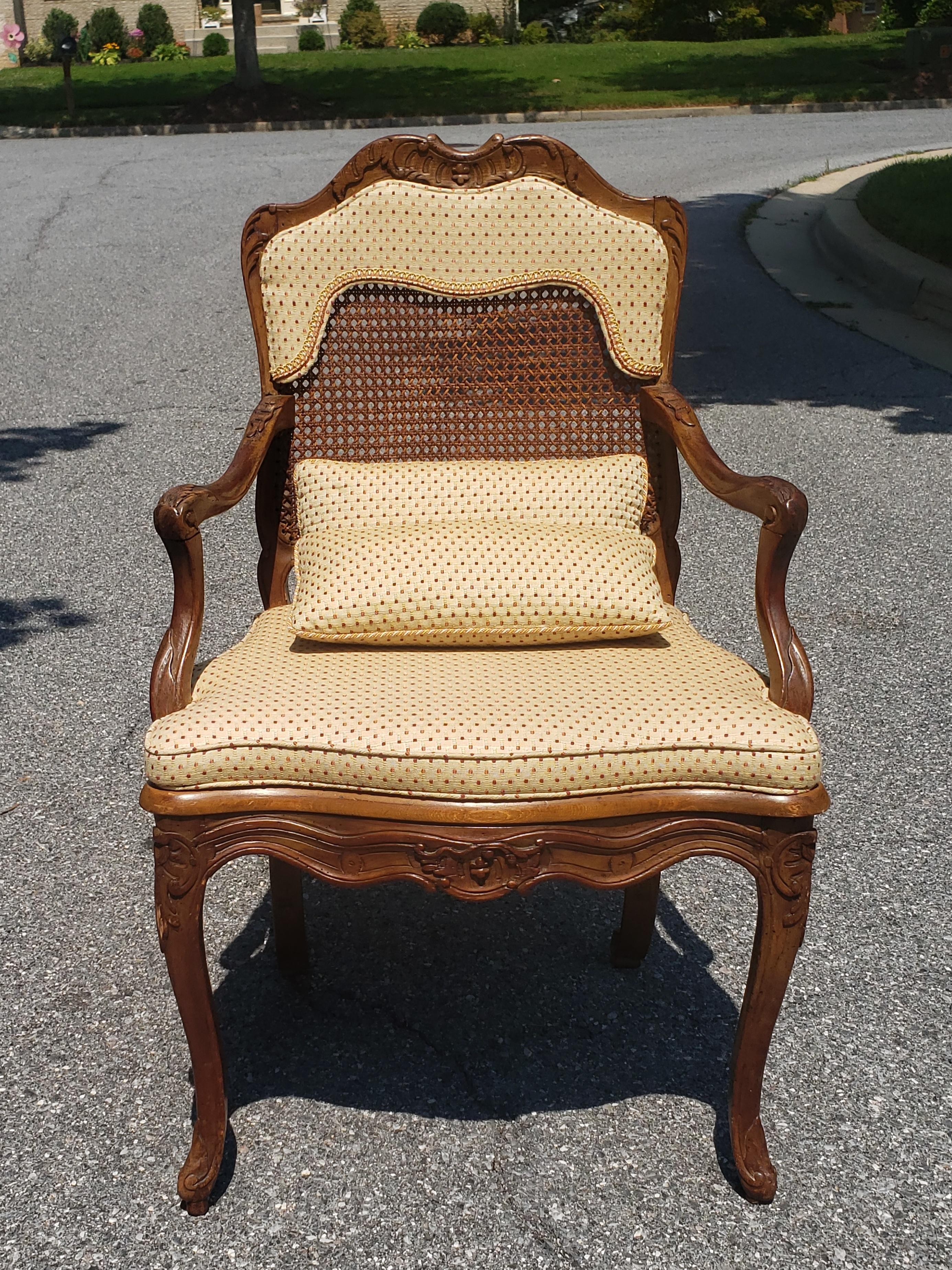 Mid-Century Provincial Carved Fruitwood Cane And Custom Upholstered Armchair For Sale 7