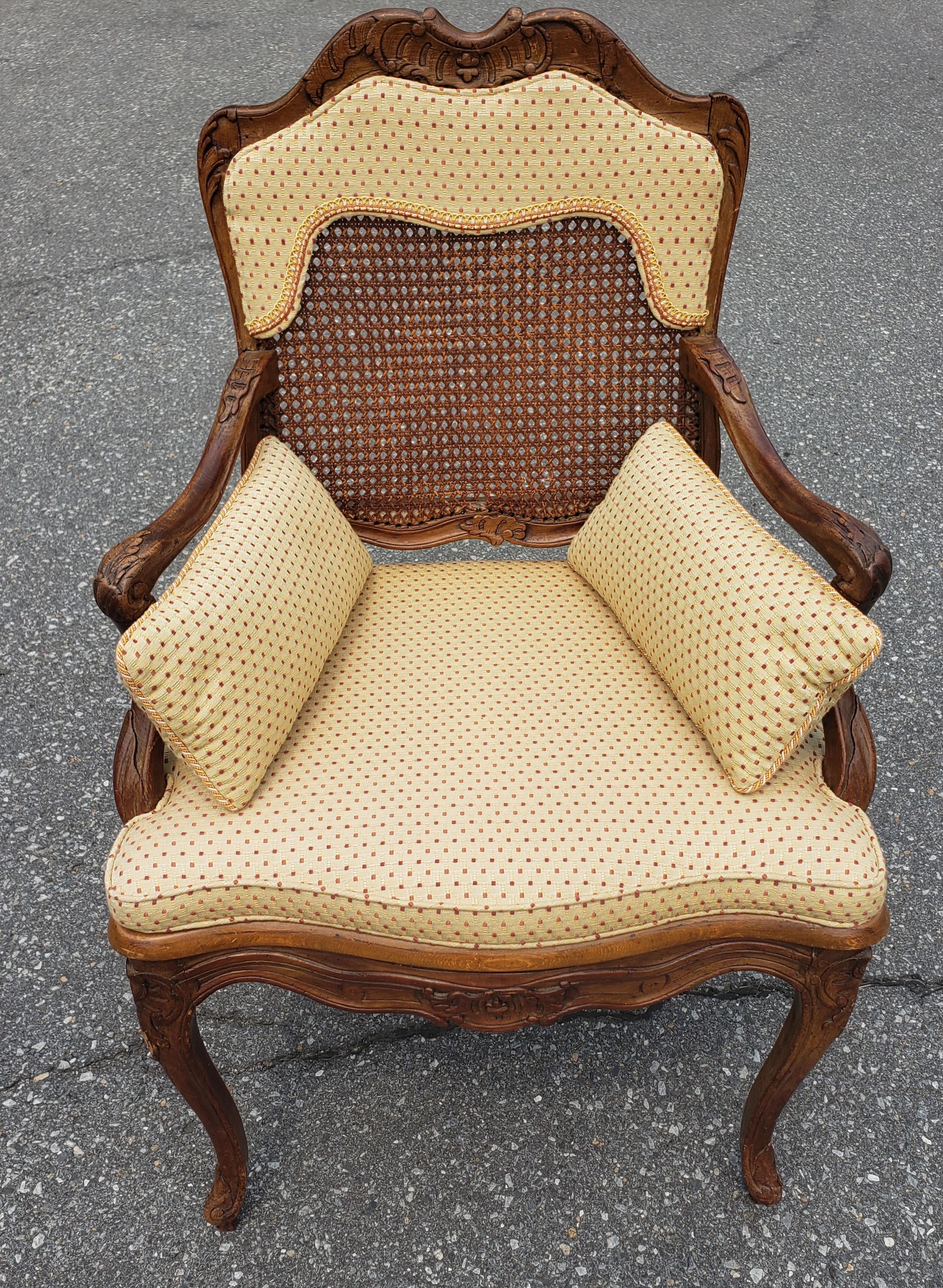 Caning Mid-Century Provincial Carved Fruitwood Cane And Custom Upholstered Armchair For Sale