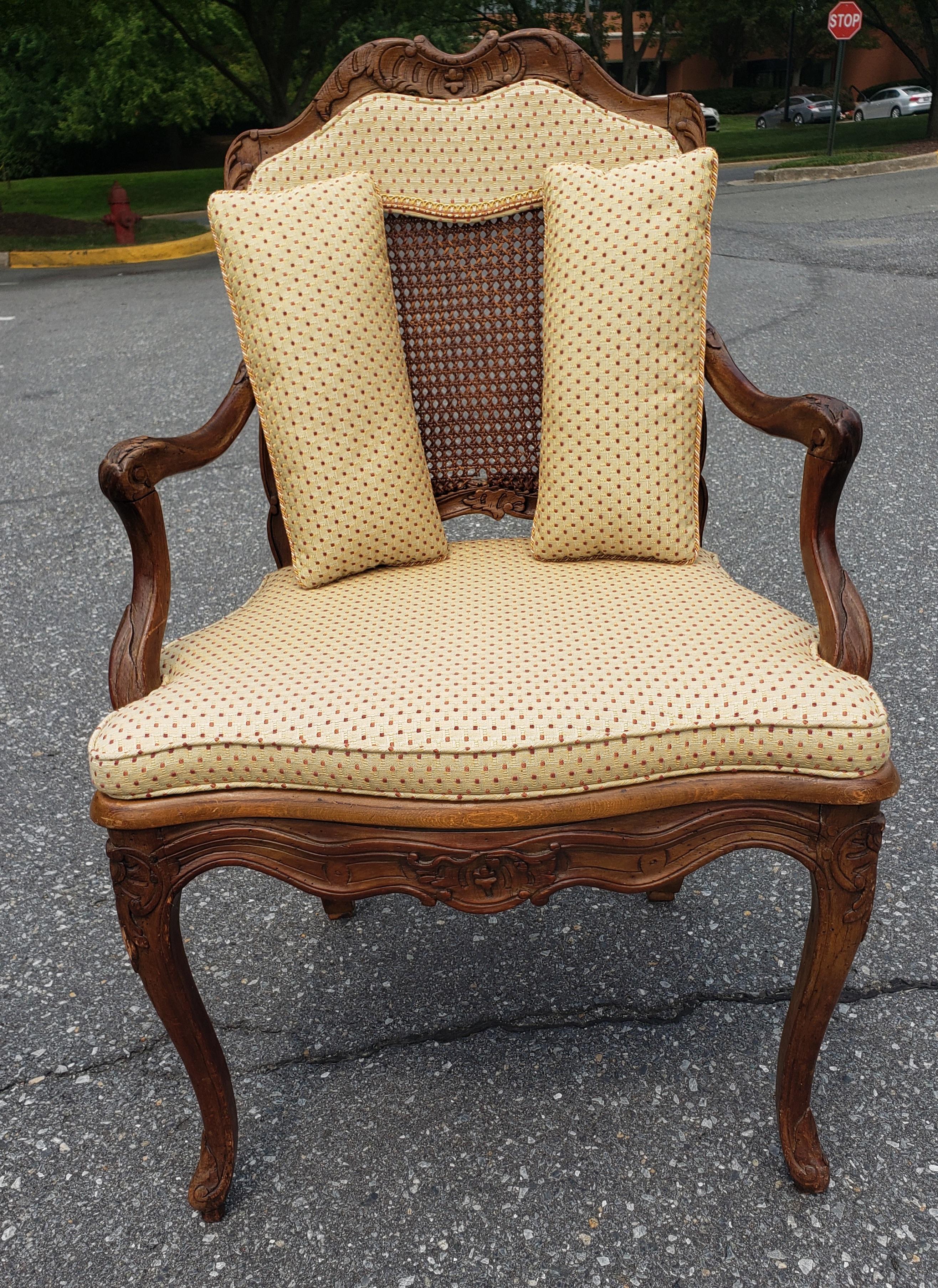 Mid-Century Provincial Carved Fruitwood Cane And Custom Upholstered Armchair In Good Condition For Sale In Germantown, MD