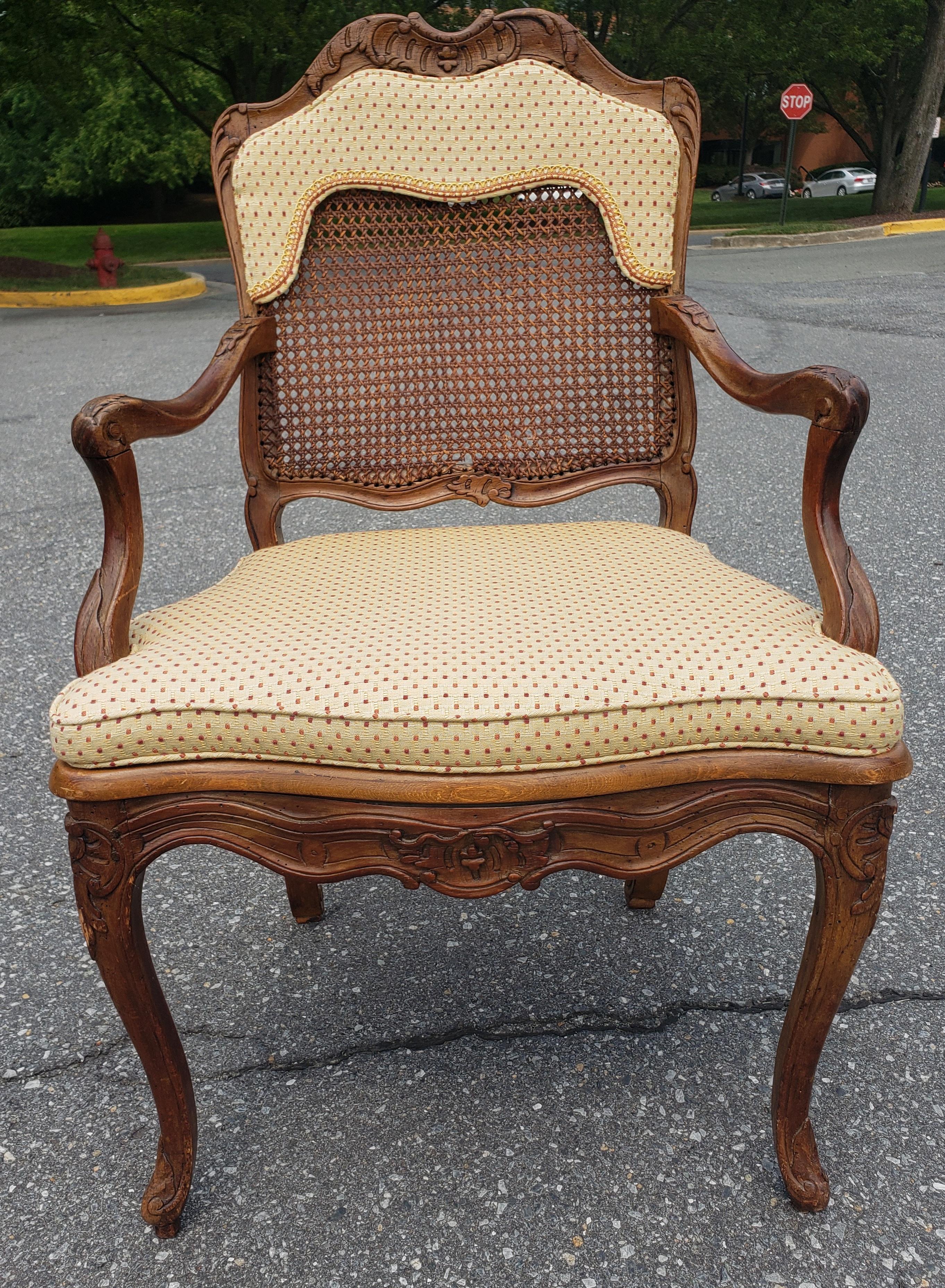 20th Century Mid-Century Provincial Carved Fruitwood Cane And Custom Upholstered Armchair For Sale