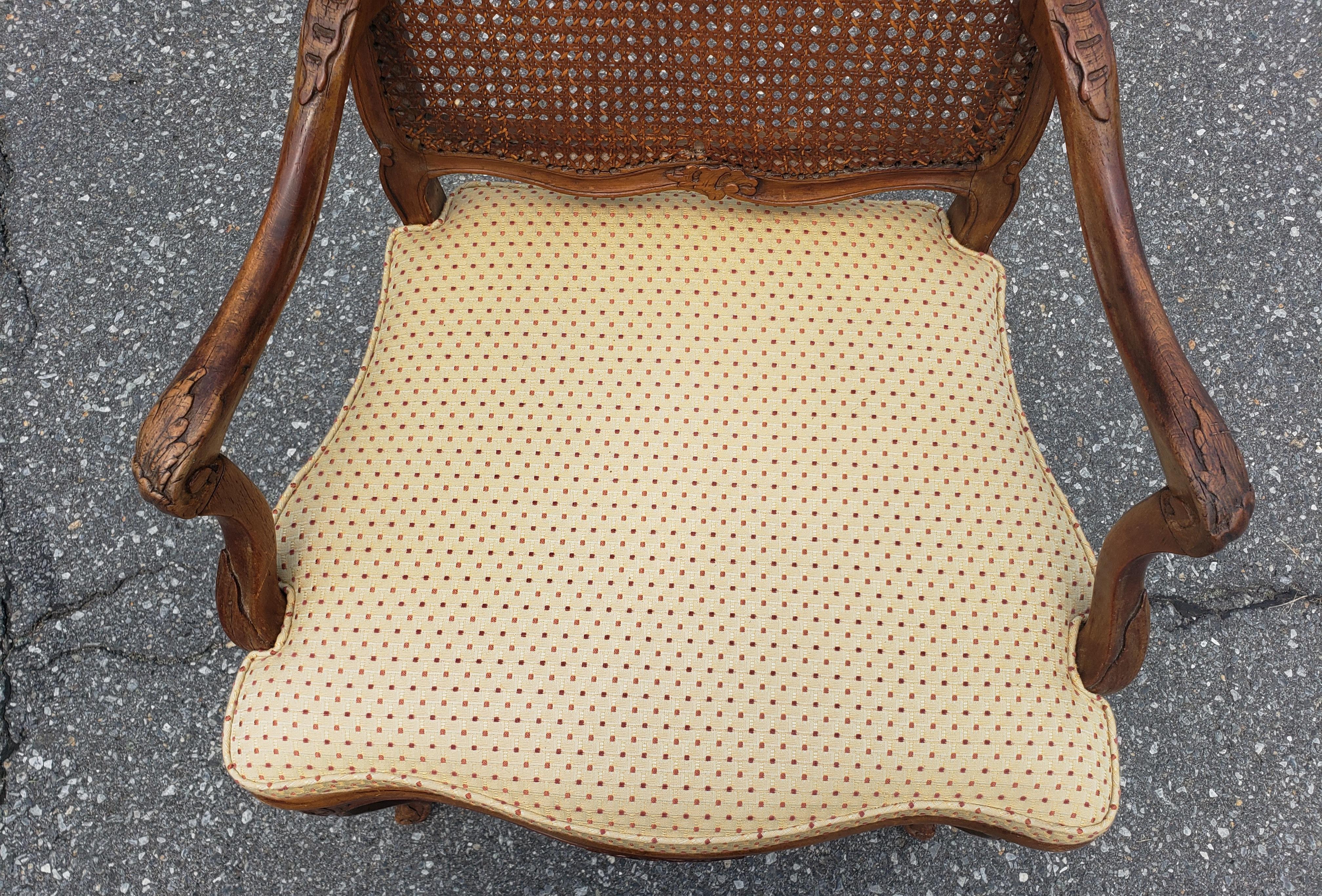 Mid-Century Provincial Carved Fruitwood Cane And Custom Upholstered Armchair For Sale 1