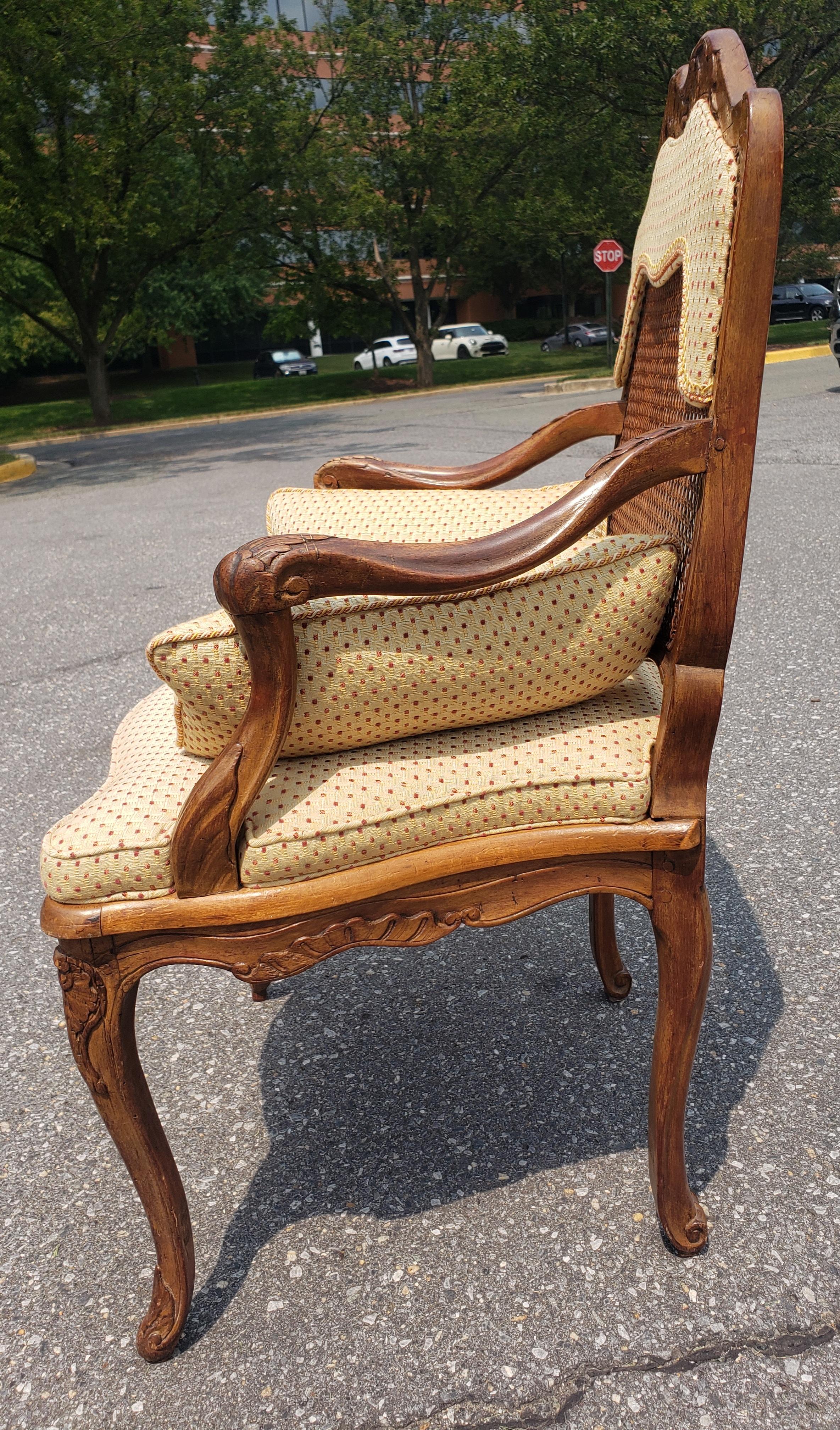 Mid-Century Provincial Carved Fruitwood Cane And Custom Upholstered Armchair For Sale 3