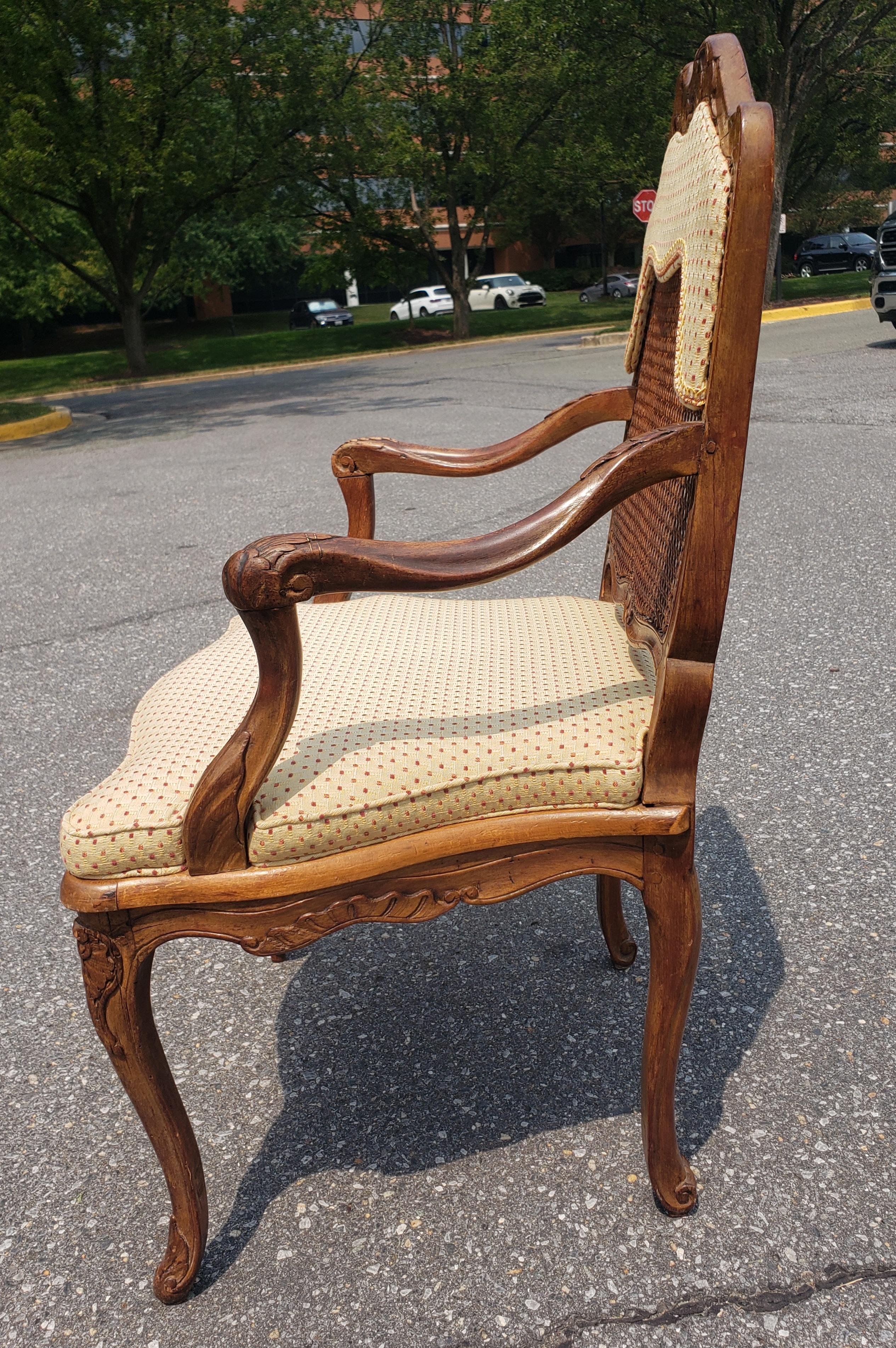 Mid-Century Provincial Carved Fruitwood Cane And Custom Upholstered Armchair For Sale 4