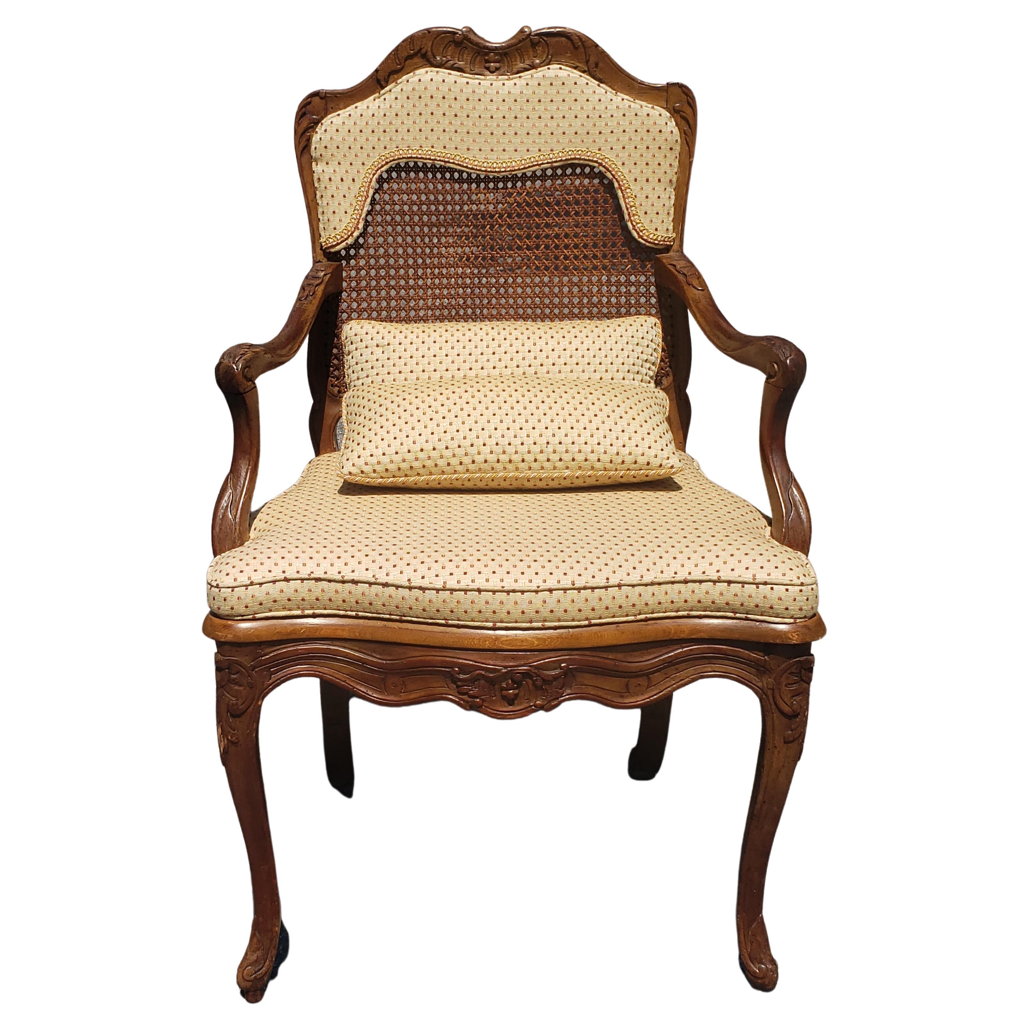 Mid-Century Provincial Carved Fruitwood Cane And Custom Upholstered Armchair For Sale