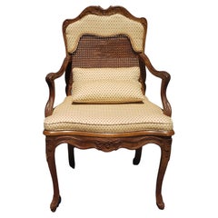 Vintage Mid-Century Provincial Carved Fruitwood Cane And Custom Upholstered Armchair