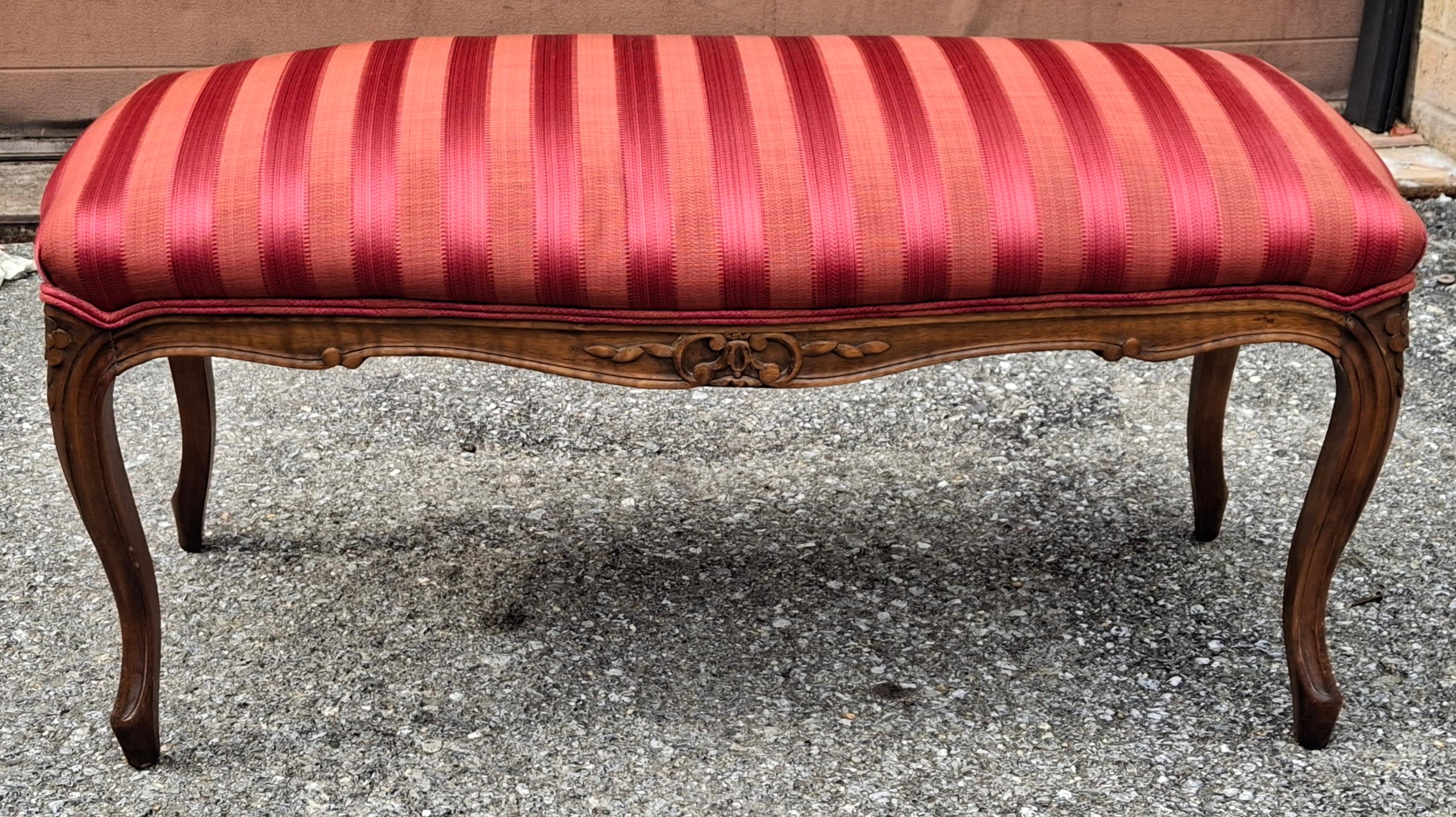Unknown Mid Century Provincial Carved Walnut and Cranberry Stripe Upholstered Bench For Sale