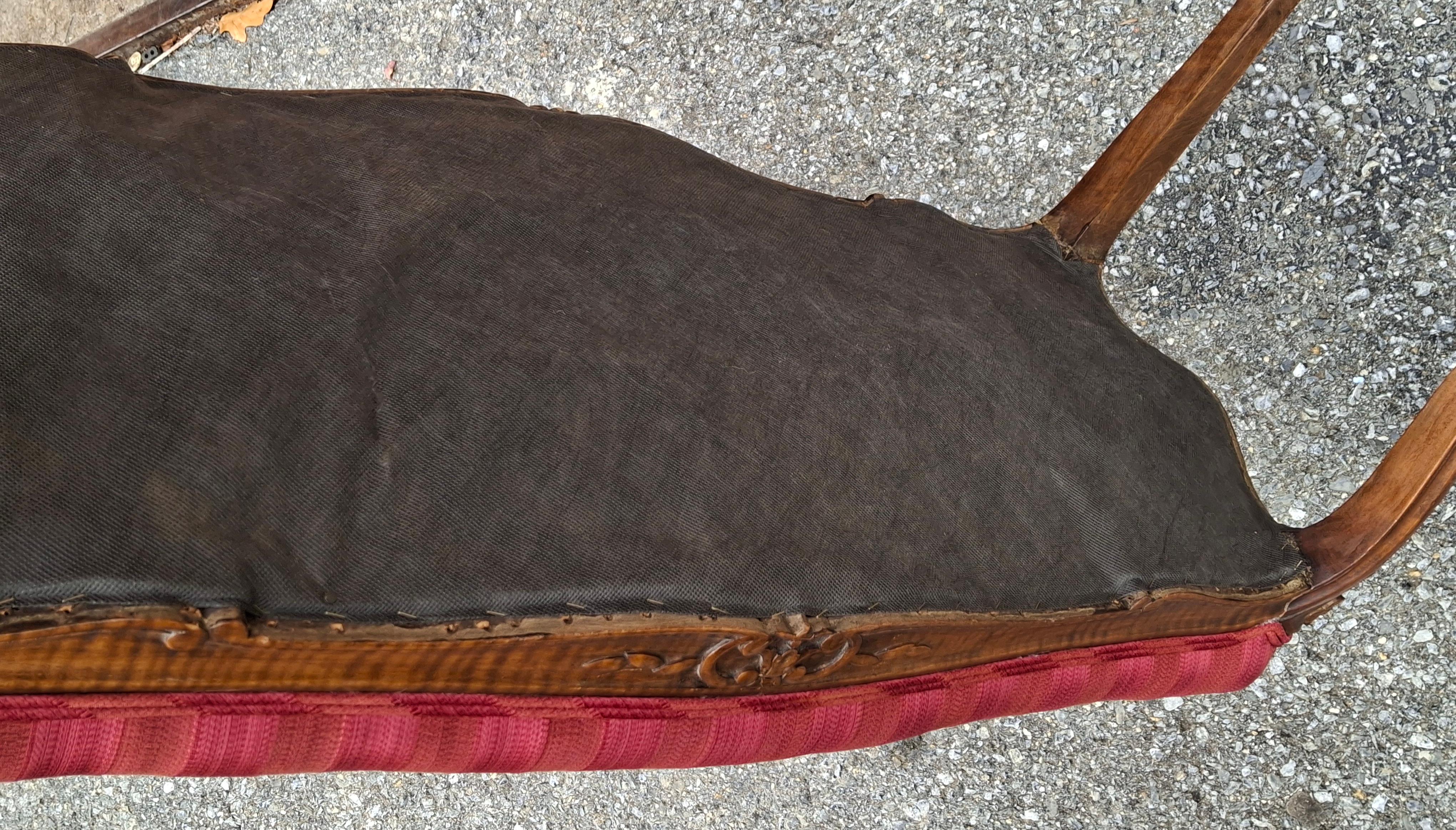 20th Century Mid Century Provincial Carved Walnut and Cranberry Stripe Upholstered Bench For Sale