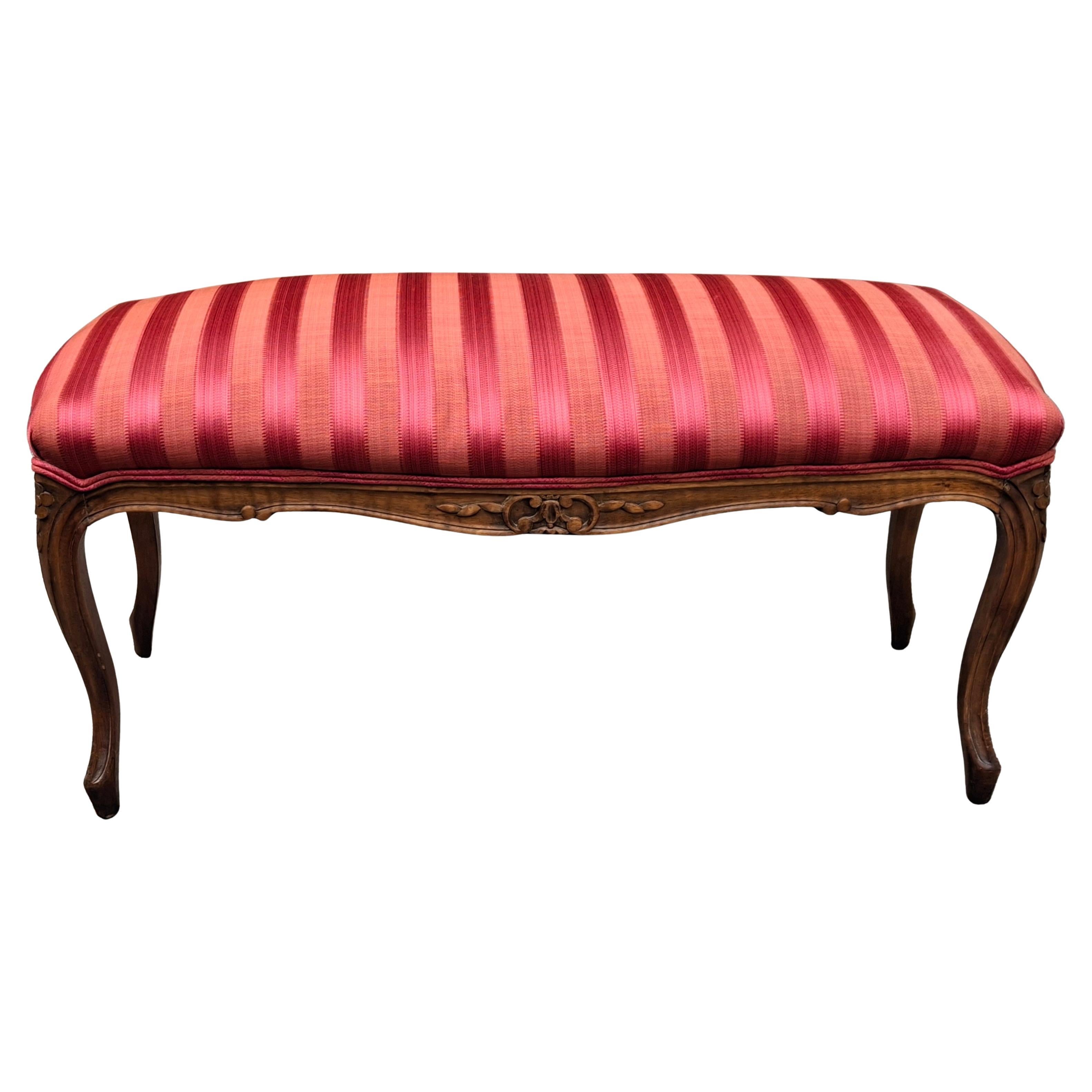 Mid Century Provincial Carved Walnut and Cranberry Stripe Upholstered Bench For Sale