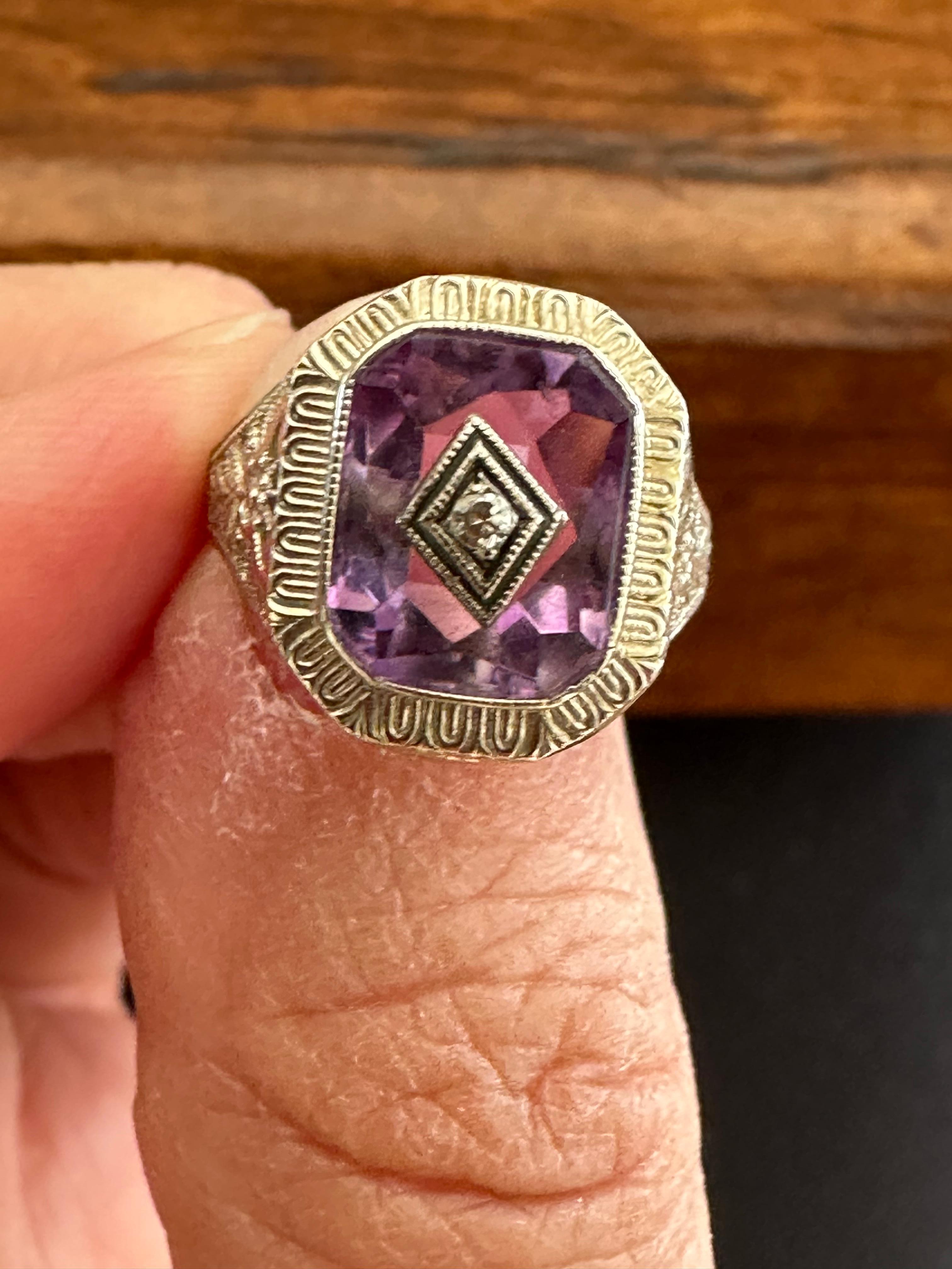Midcentury Purple Amethyst and Diamond Filigree Ring For Sale 5