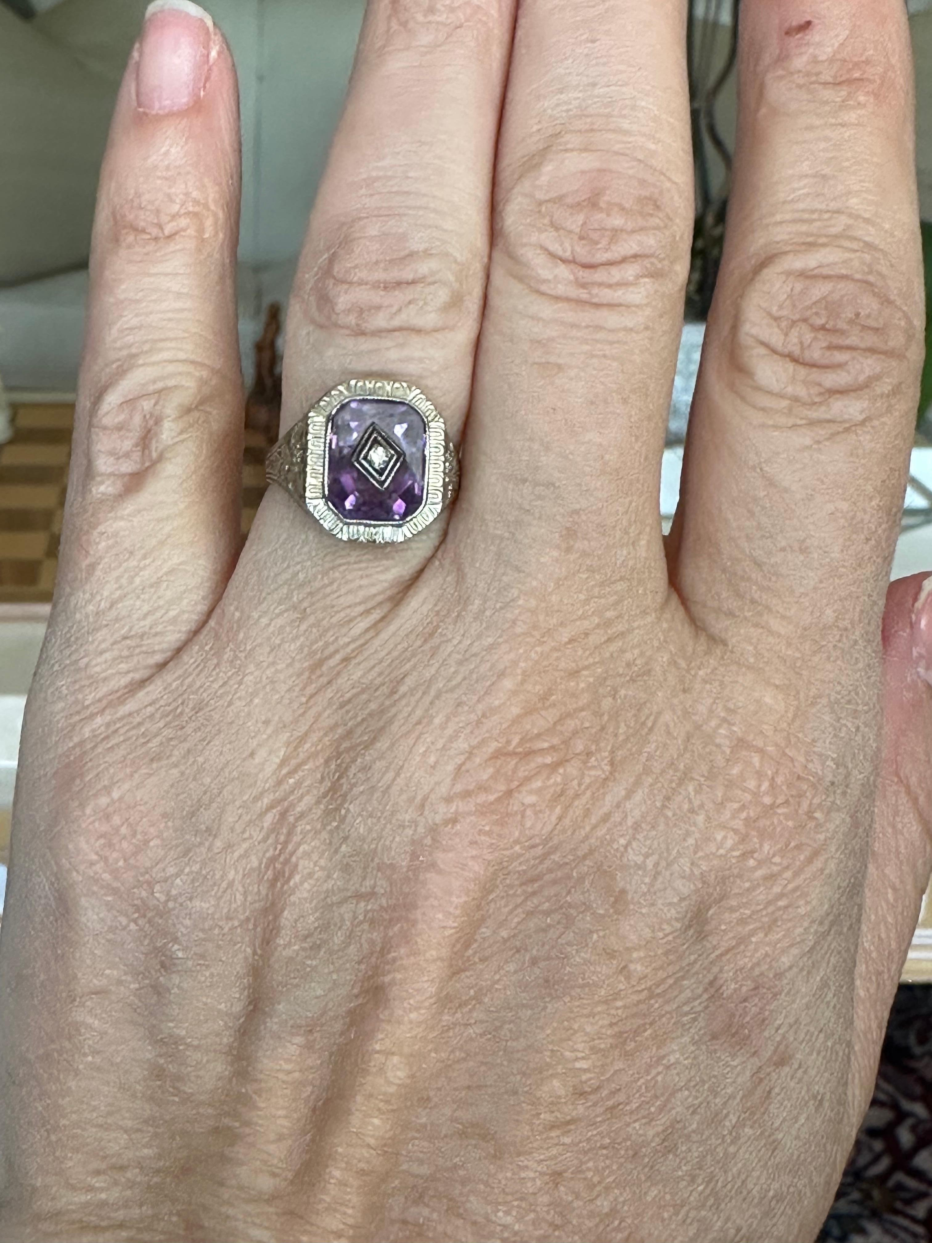 Midcentury Purple Amethyst and Diamond Filigree Ring For Sale 8