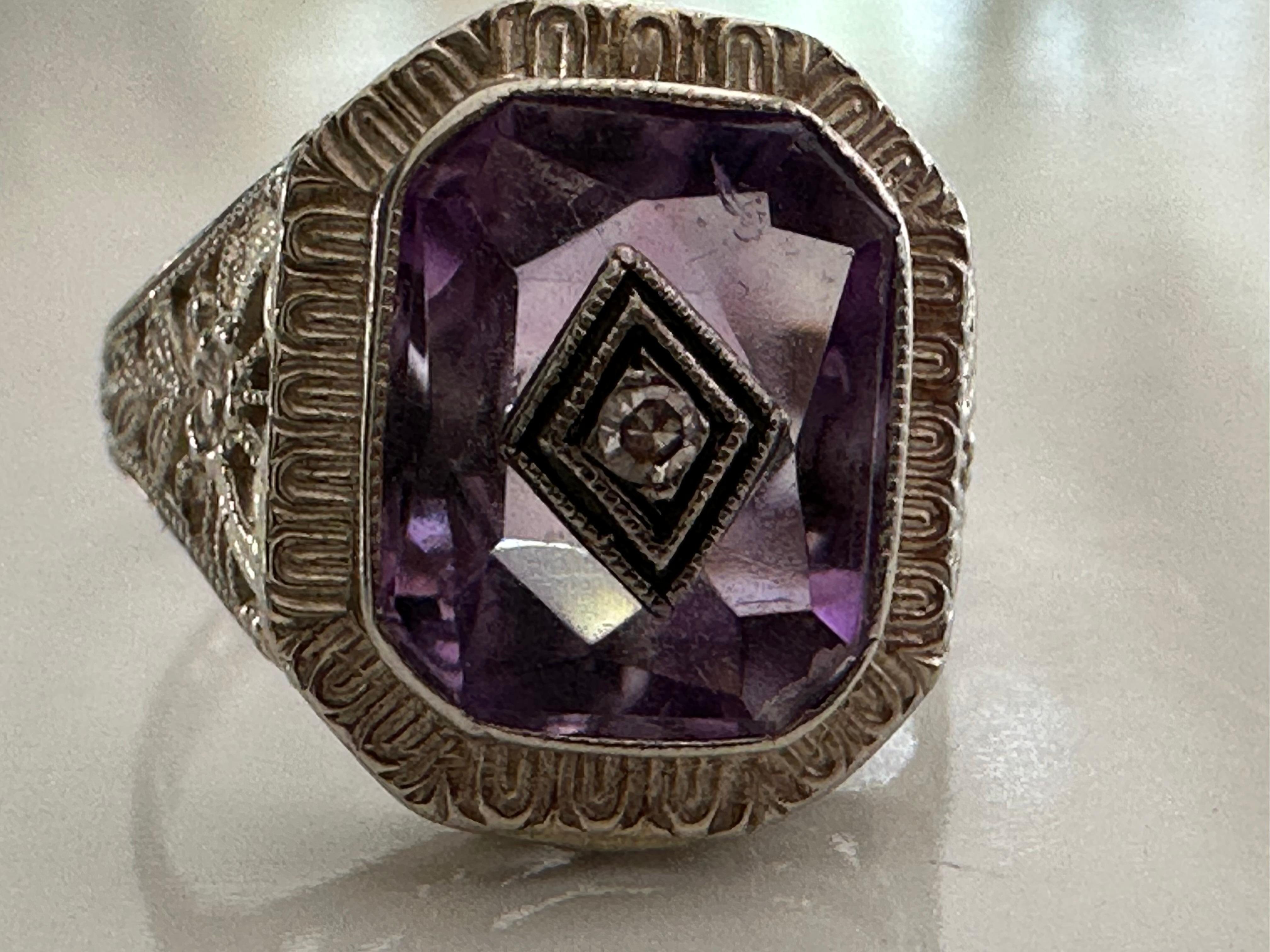 Women's Midcentury Purple Amethyst and Diamond Filigree Ring For Sale