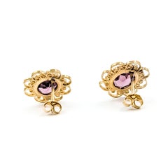 Mid-Century Purple Glass Stud Earrings in 14k Yellow Gold