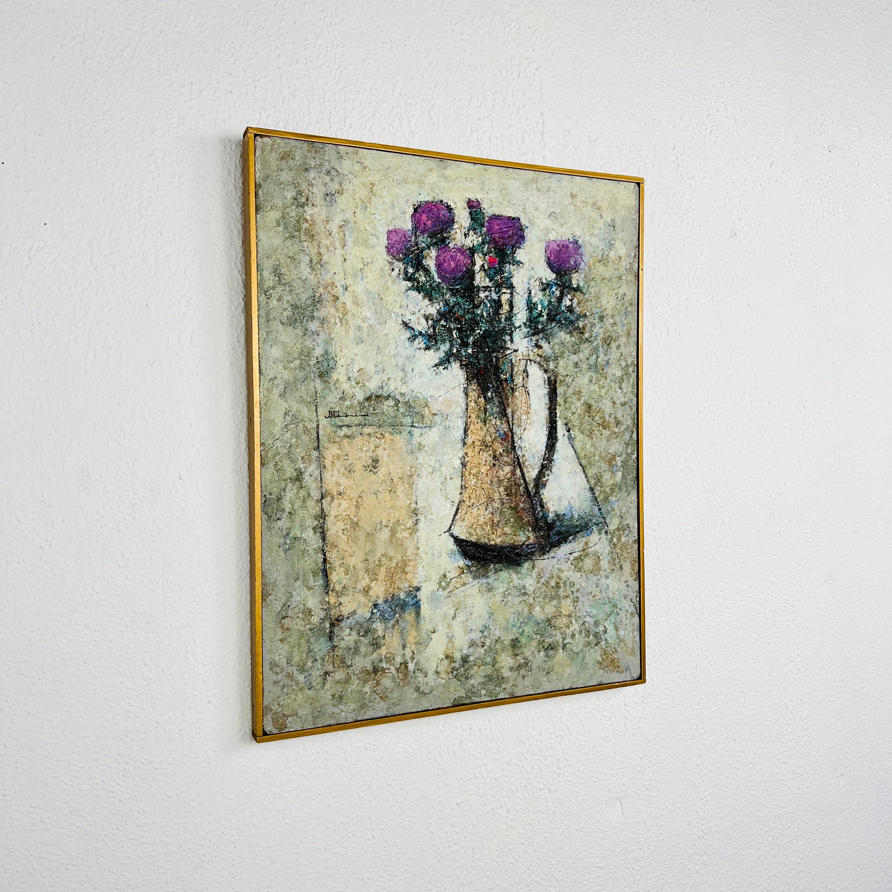 Mid Century Lila Distel Ölgemälde (Moderne der Mitte des Jahrhunderts) im Angebot