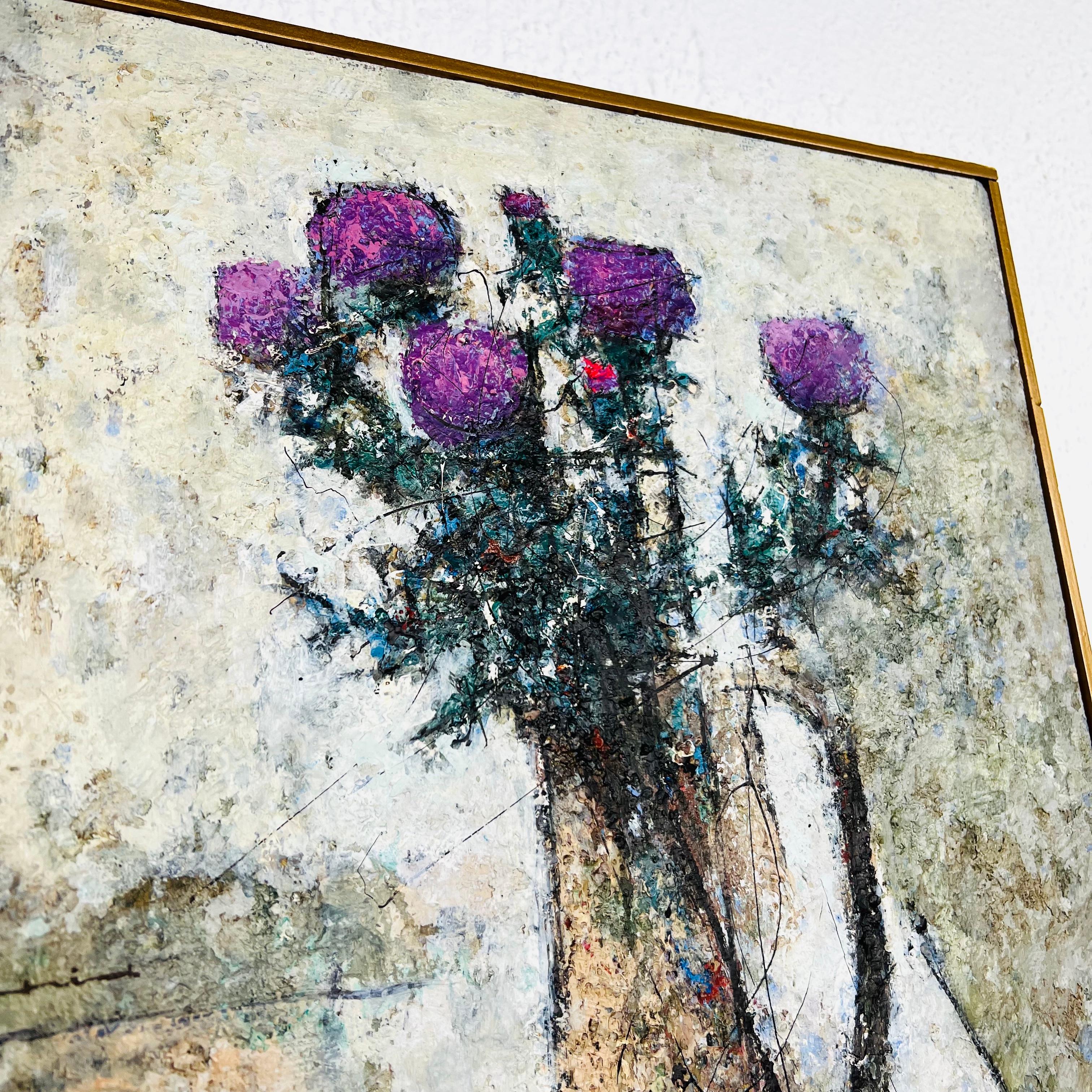 Mid Century Lila Distel Ölgemälde im Angebot 3