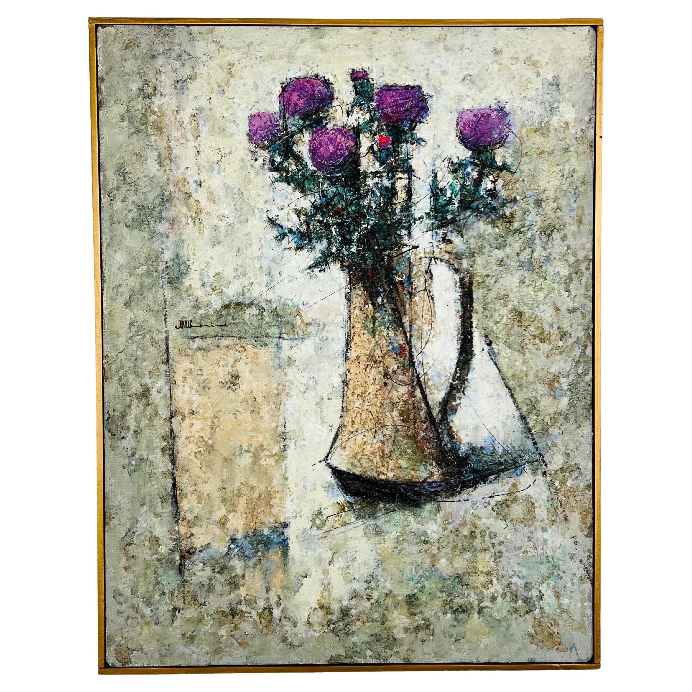 Mid Century Lila Distel Ölgemälde im Angebot