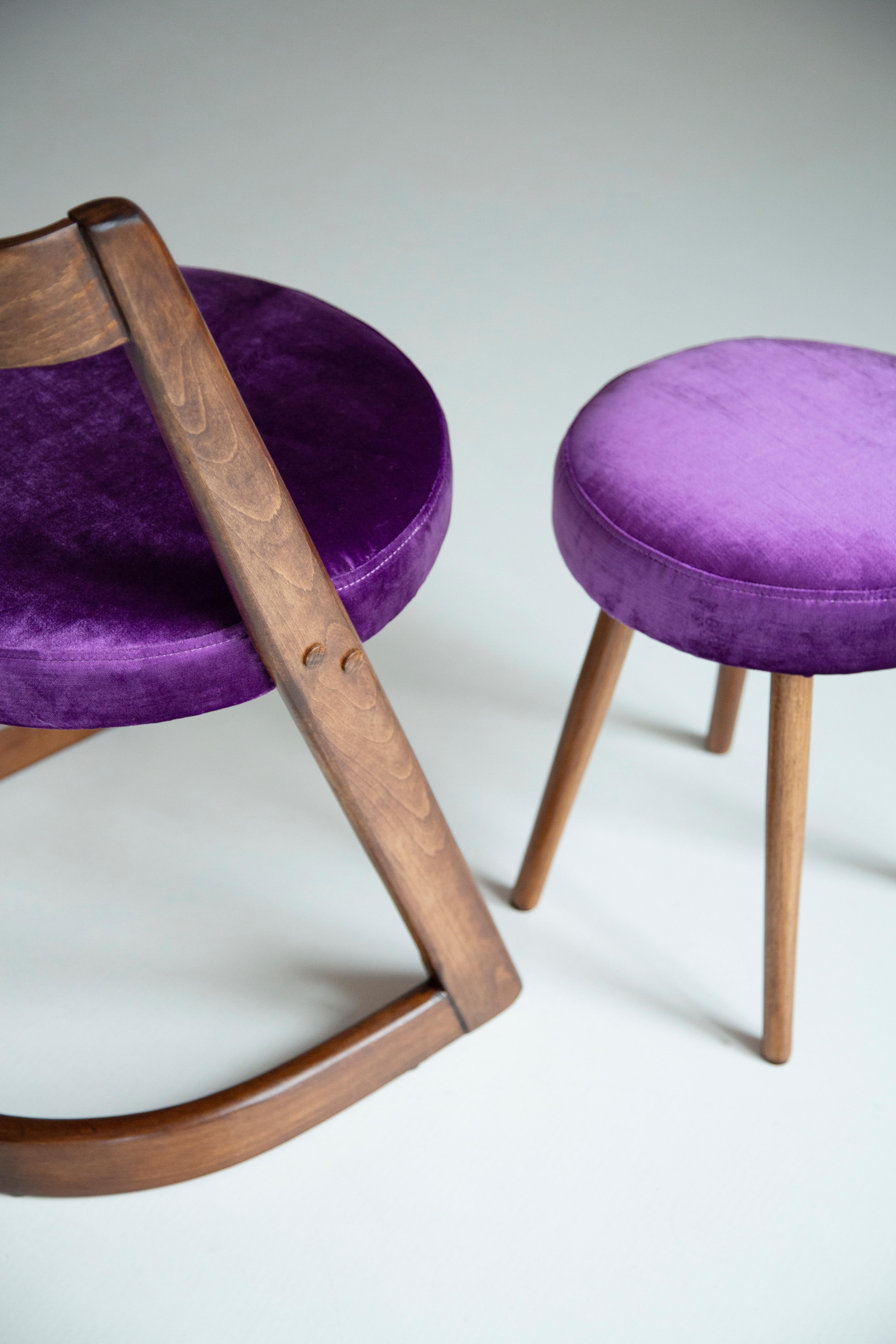Mid-Century Modern Midcentury Purple Velvet Halfa Chair and Stool, Baumann, France, 1970s For Sale