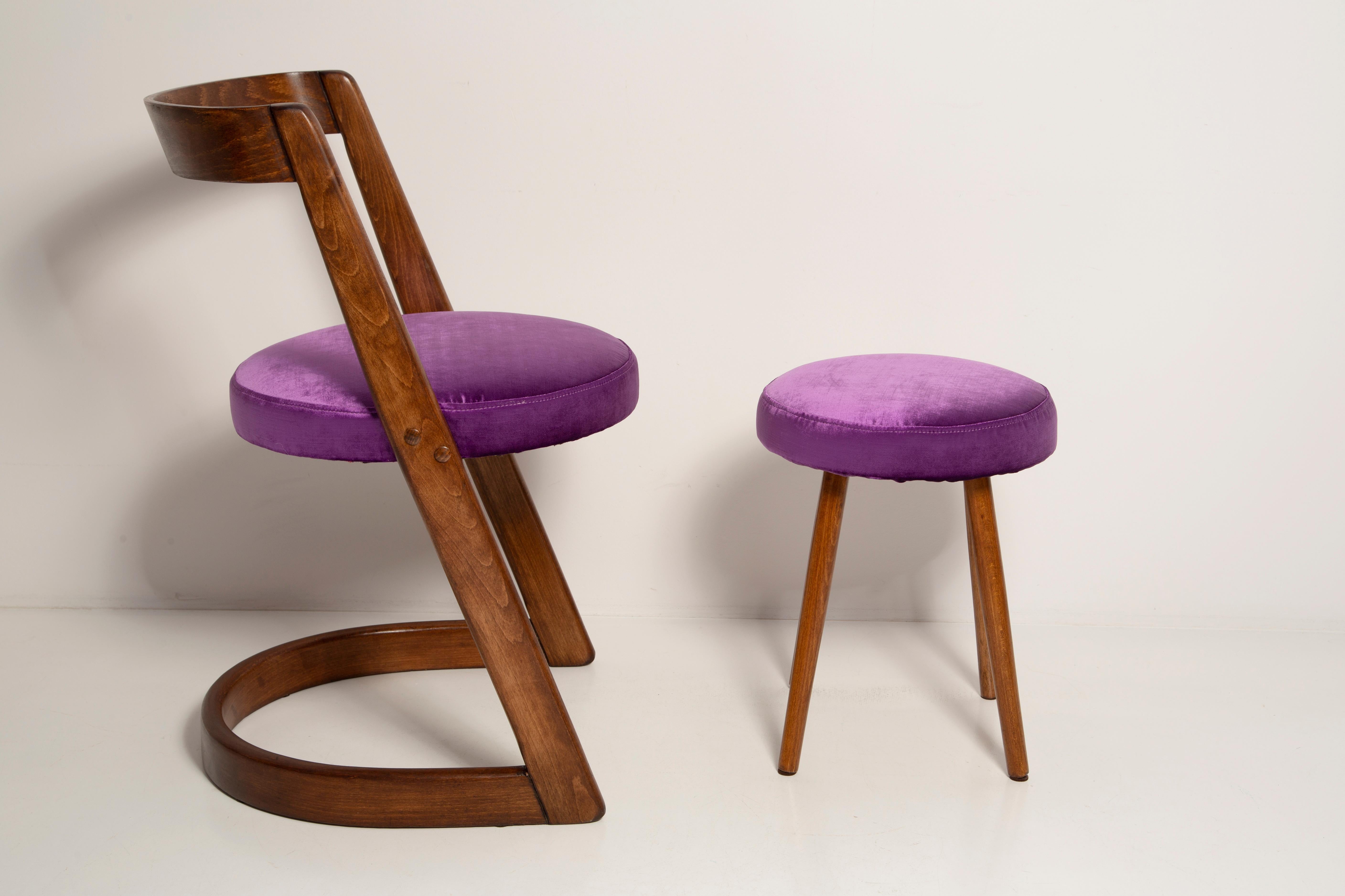 Hand-Crafted Midcentury Purple Velvet Halfa Chair and Stool, Baumann, France, 1970s For Sale